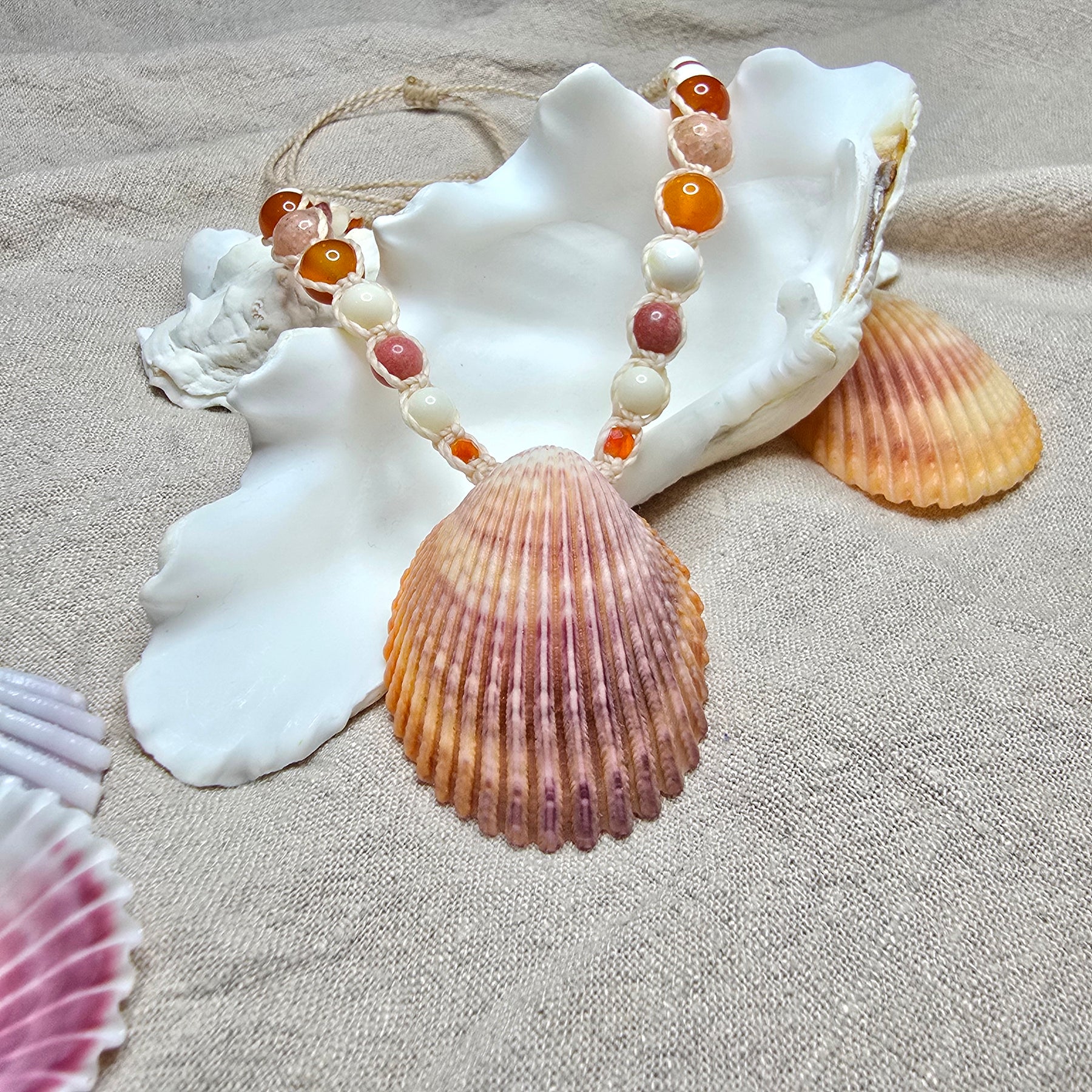 Cockle Shell Necklace with Carnelian, Peach Calcite & Thulite