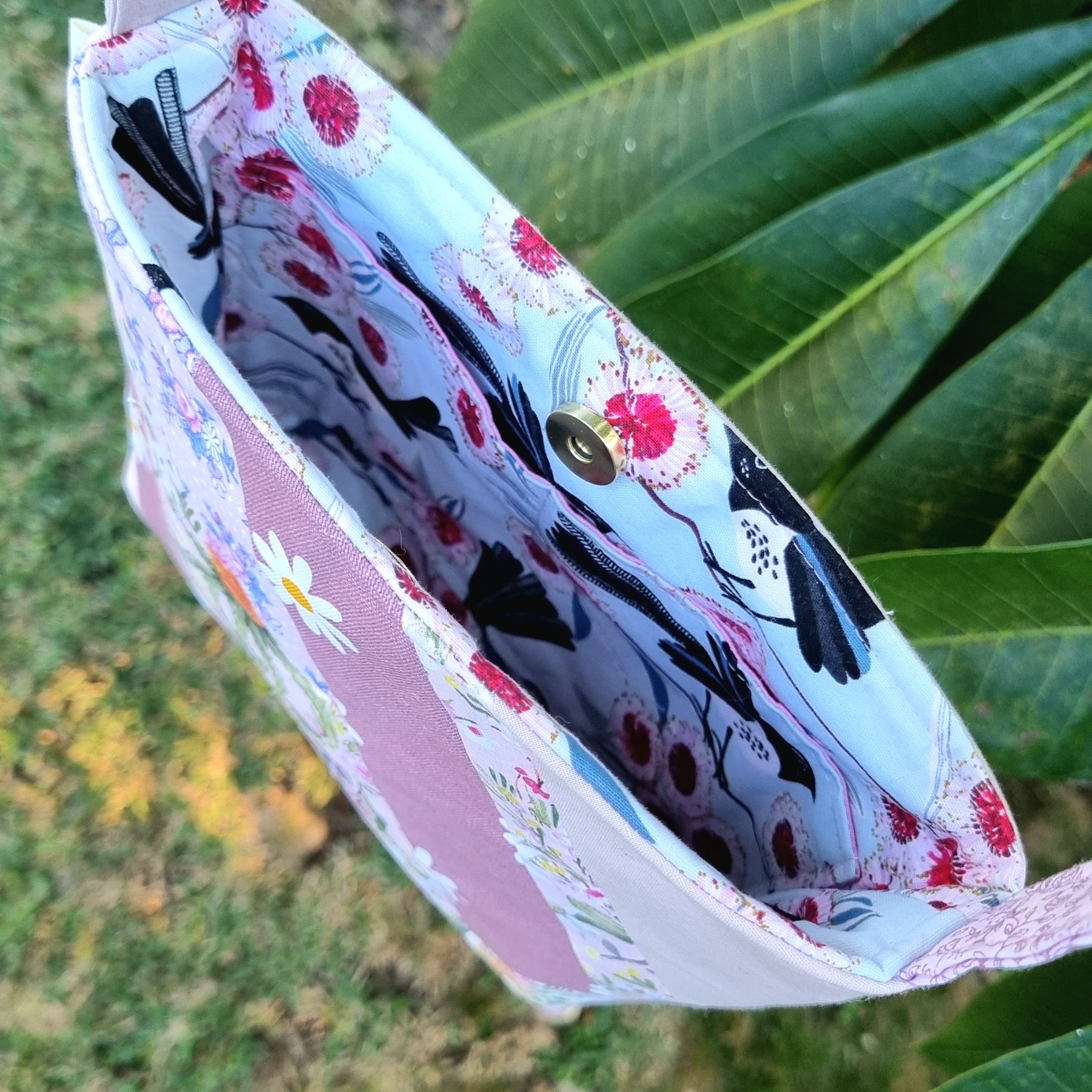 Repurposed Remnants Pink Patchwork Crossbody Bag | Made with fabric scraps