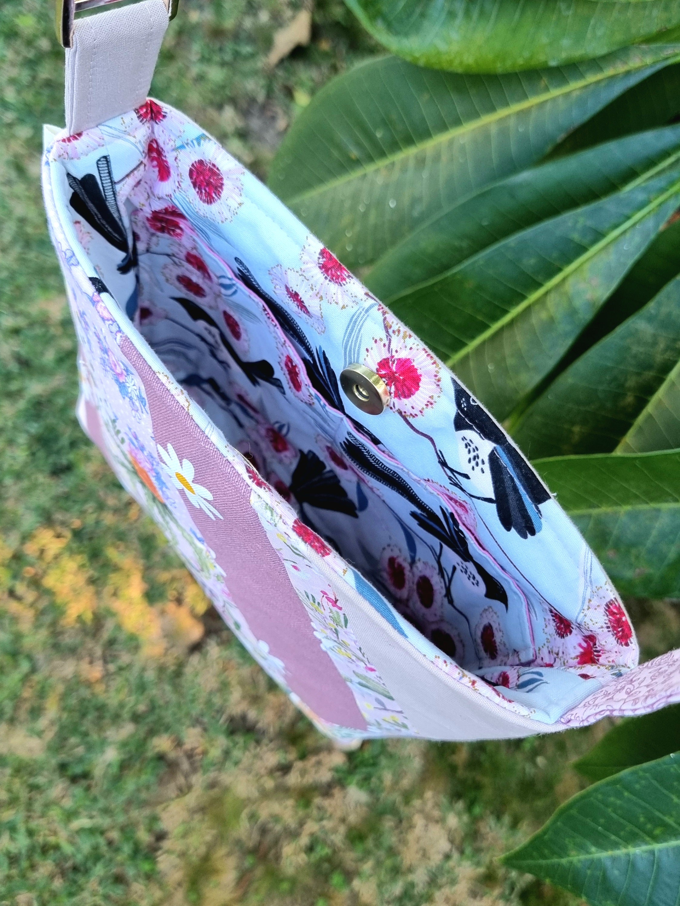 Repurposed Remnants Pink Patchwork Crossbody Bag | Made with fabric scraps
