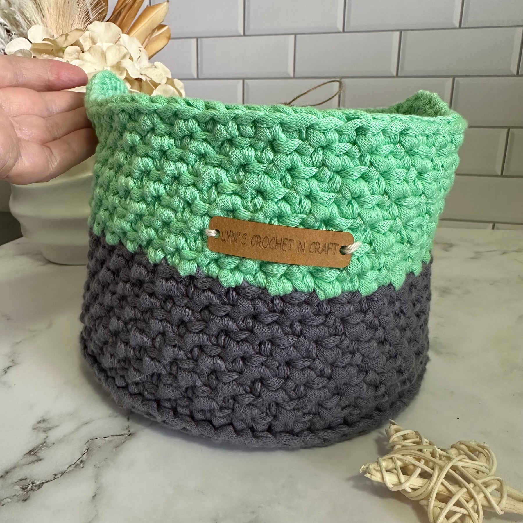 Mint & Grey Crochet Basket with Handles - Stylish & Functional