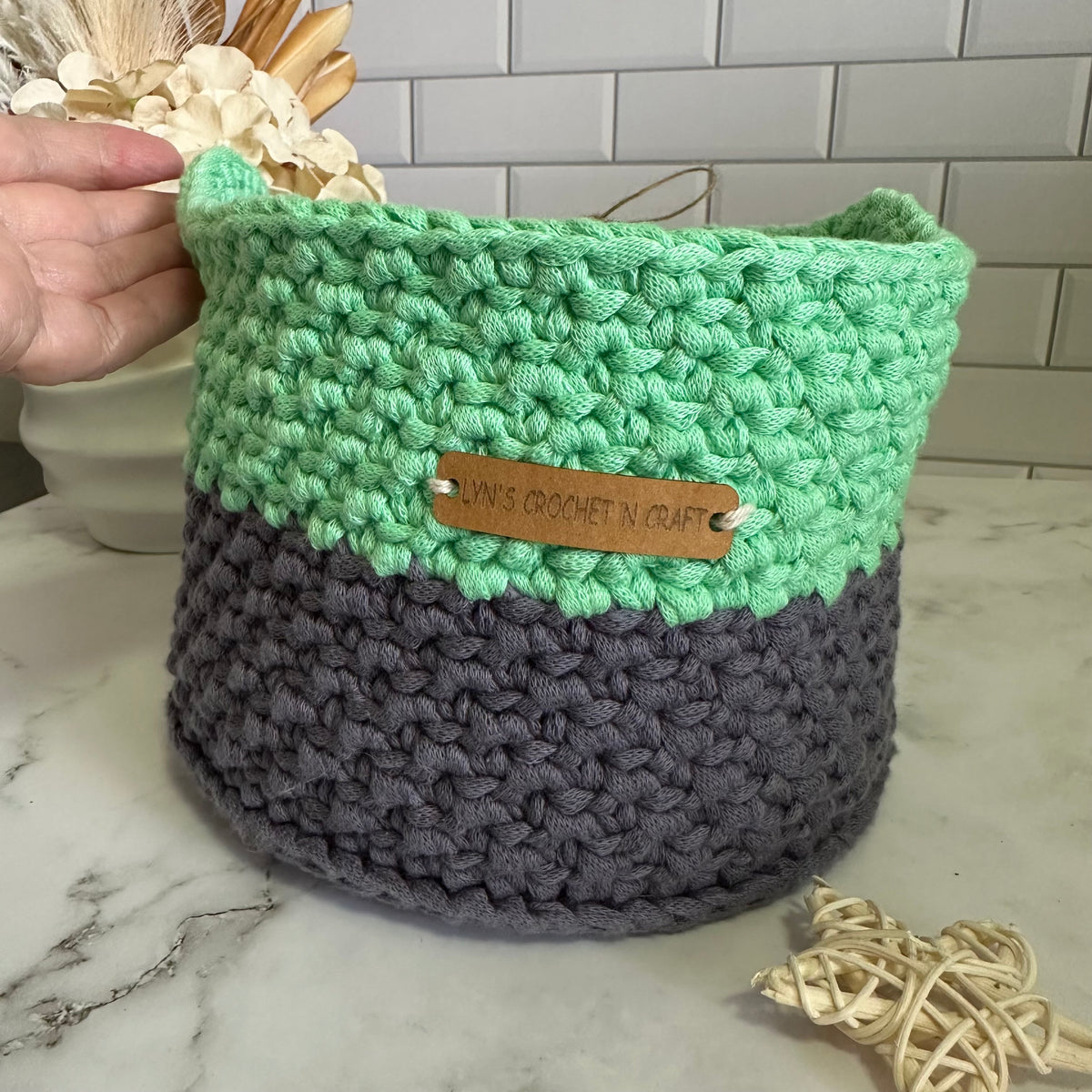 Mint & Grey Crochet Basket with Handles - Stylish & Functional