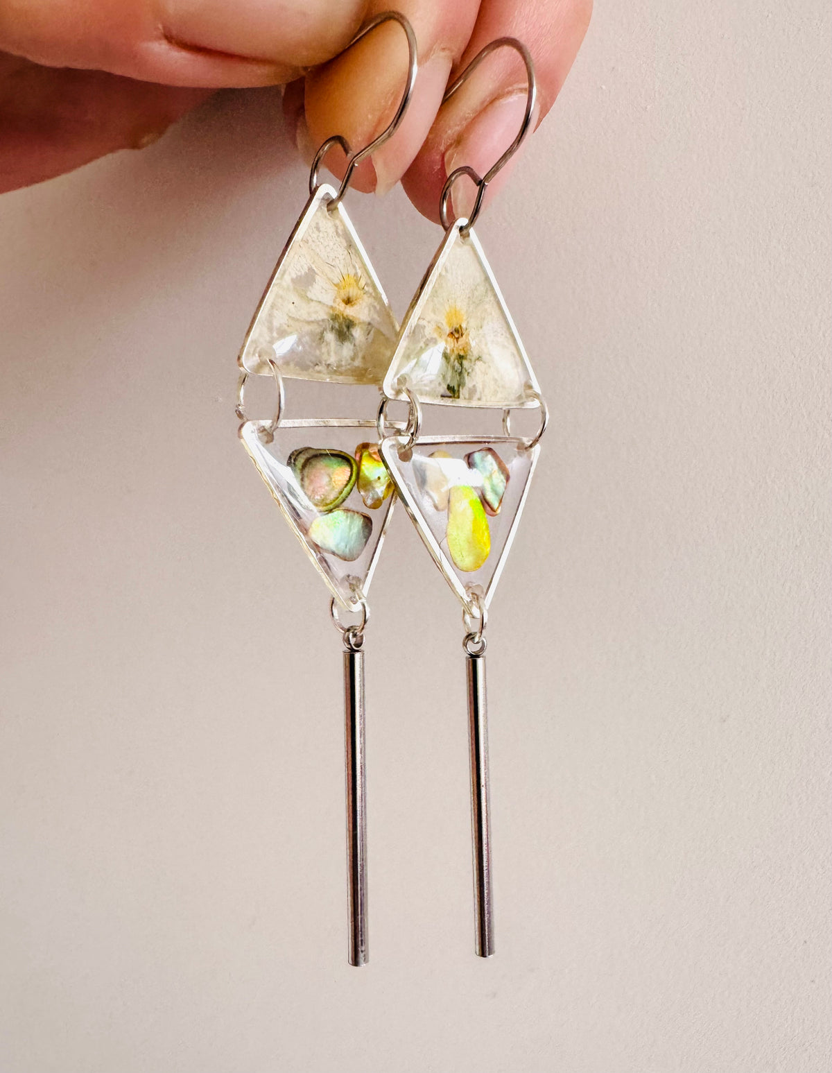 Double triangle cowrie shell and pressed flower resin earrings