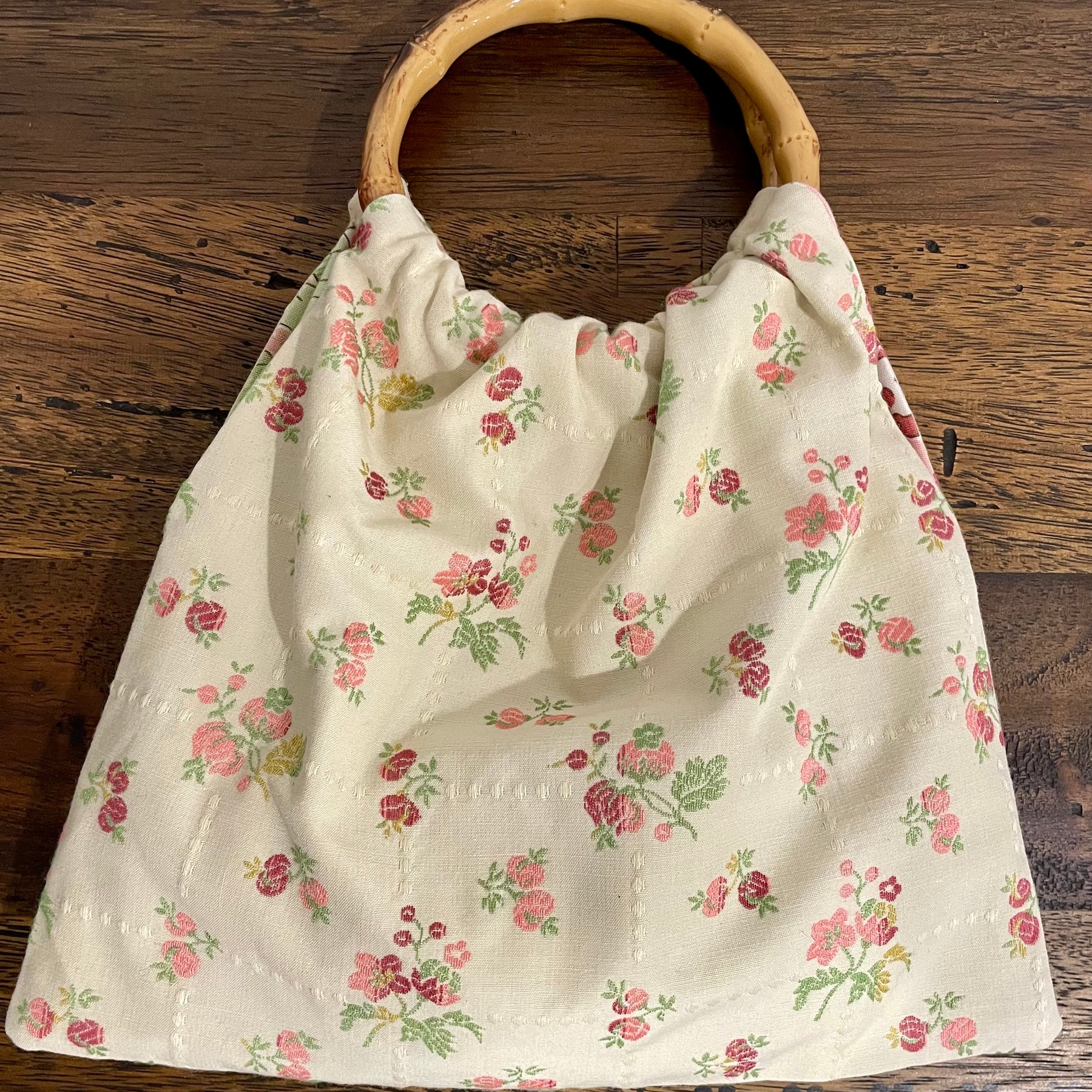Boho Granny Bag, Embroidered Roses, Bamboo Handles