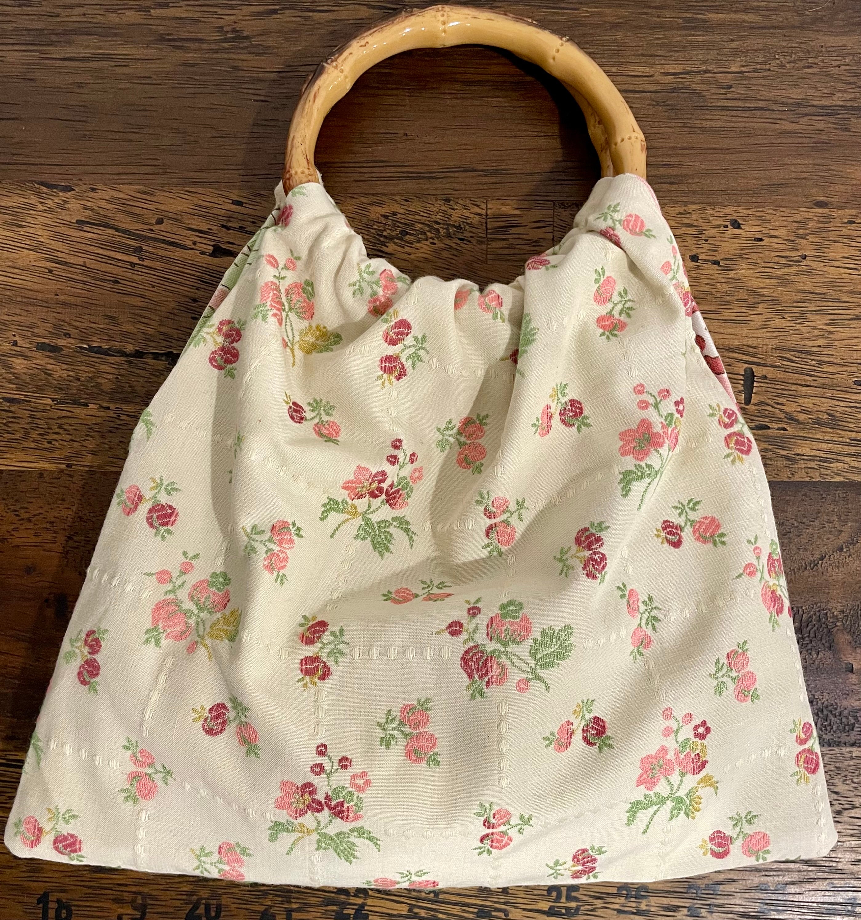 Boho Granny Bag, Embroidered Roses, Bamboo Handles