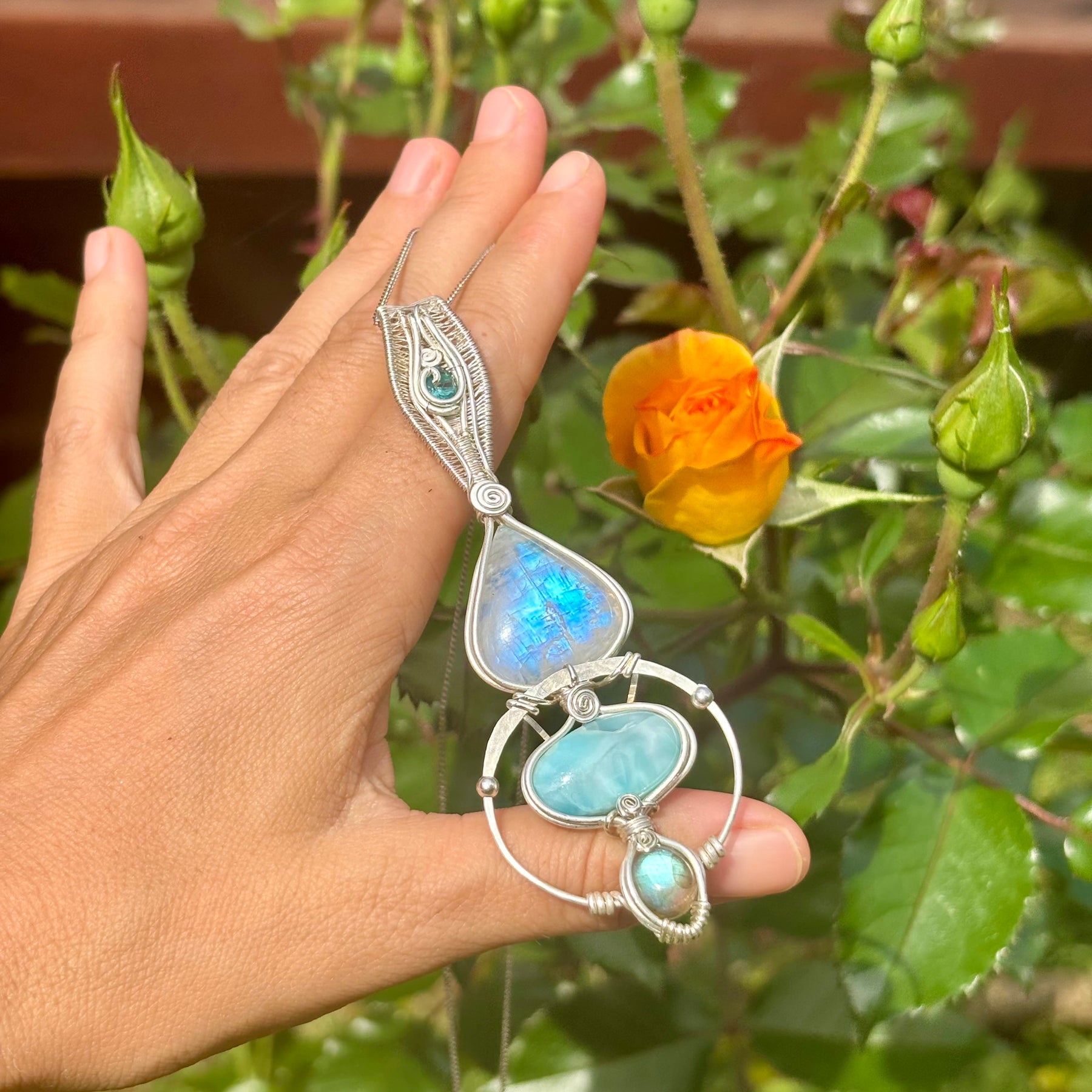 Moonstone, Tooaz, Larimar, Labradorite Crystal pendant in silver