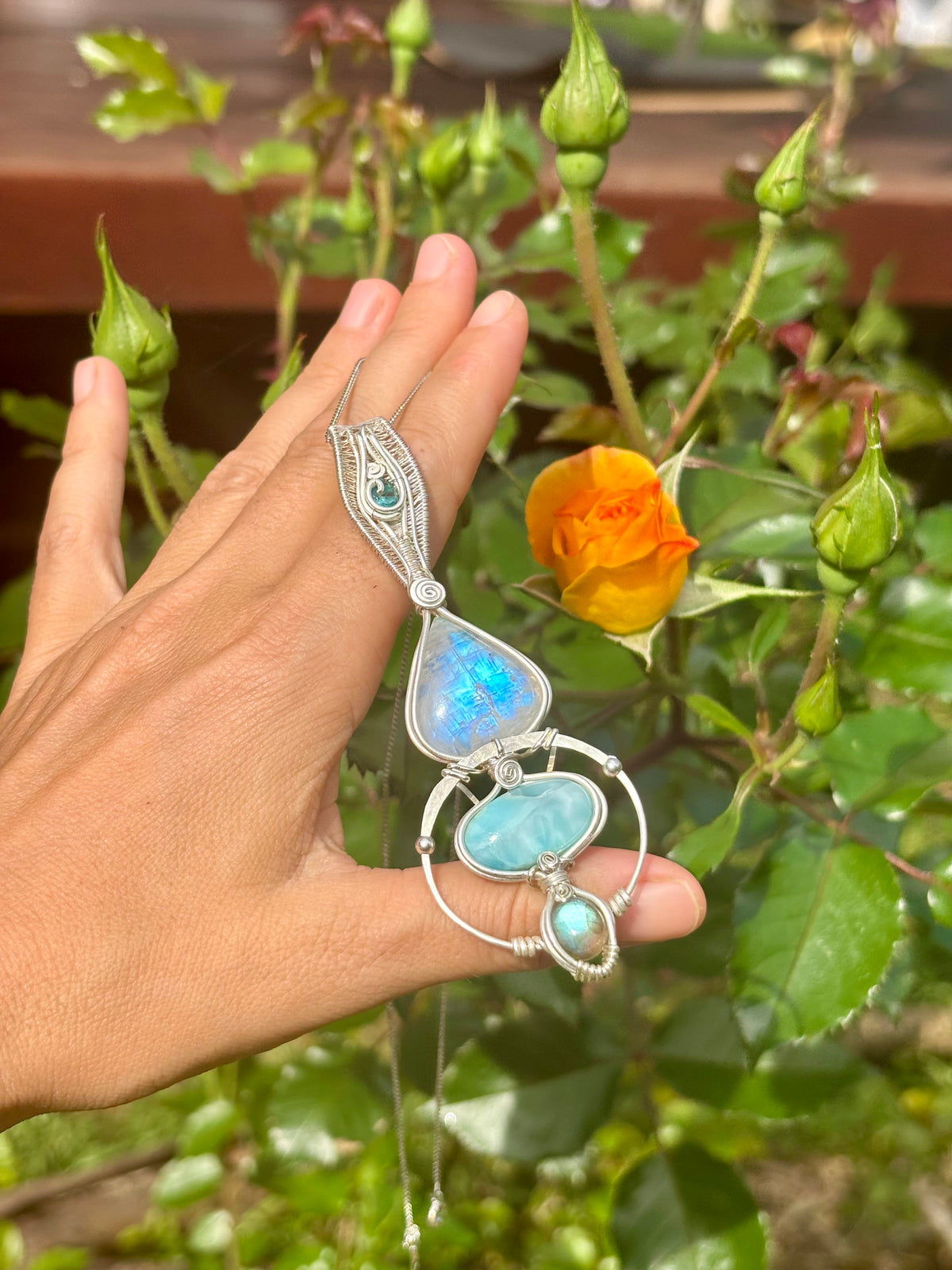 Moonstone, Tooaz, Larimar, Labradorite Crystal pendant in silver