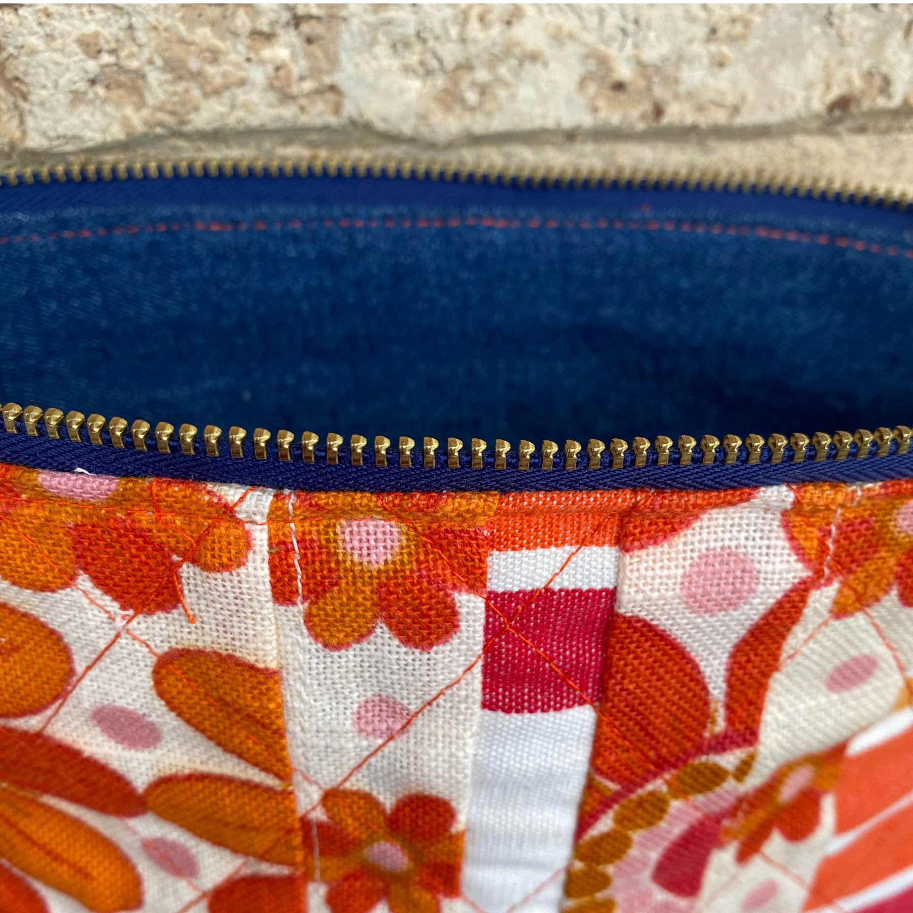 Quilted Tangerine Pouch Cosmetic Everyday Bag Upcycled Vintage Fabrics & Denim