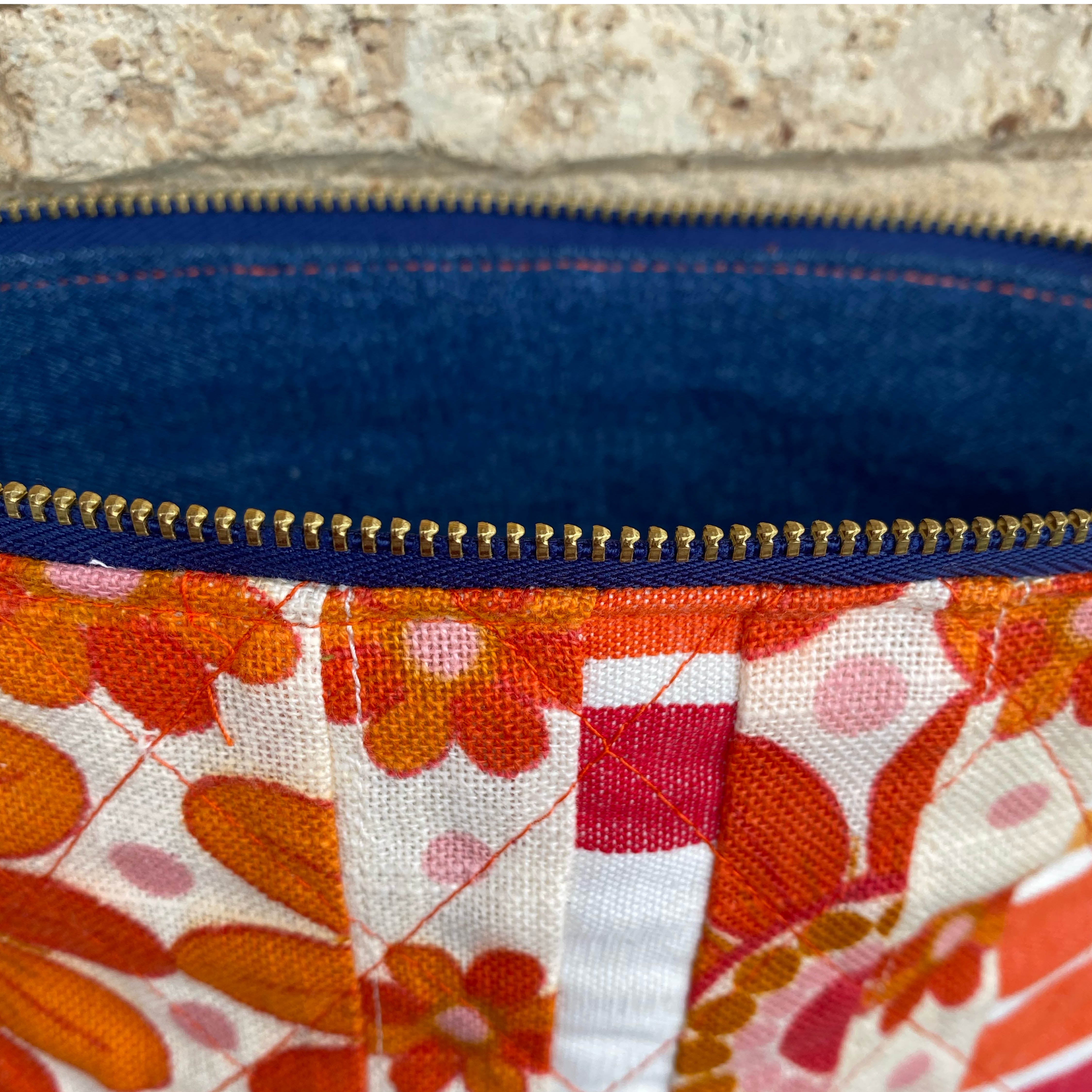 Quilted Tangerine Pouch Cosmetic Everyday Bag Upcycled Vintage Fabrics & Denim