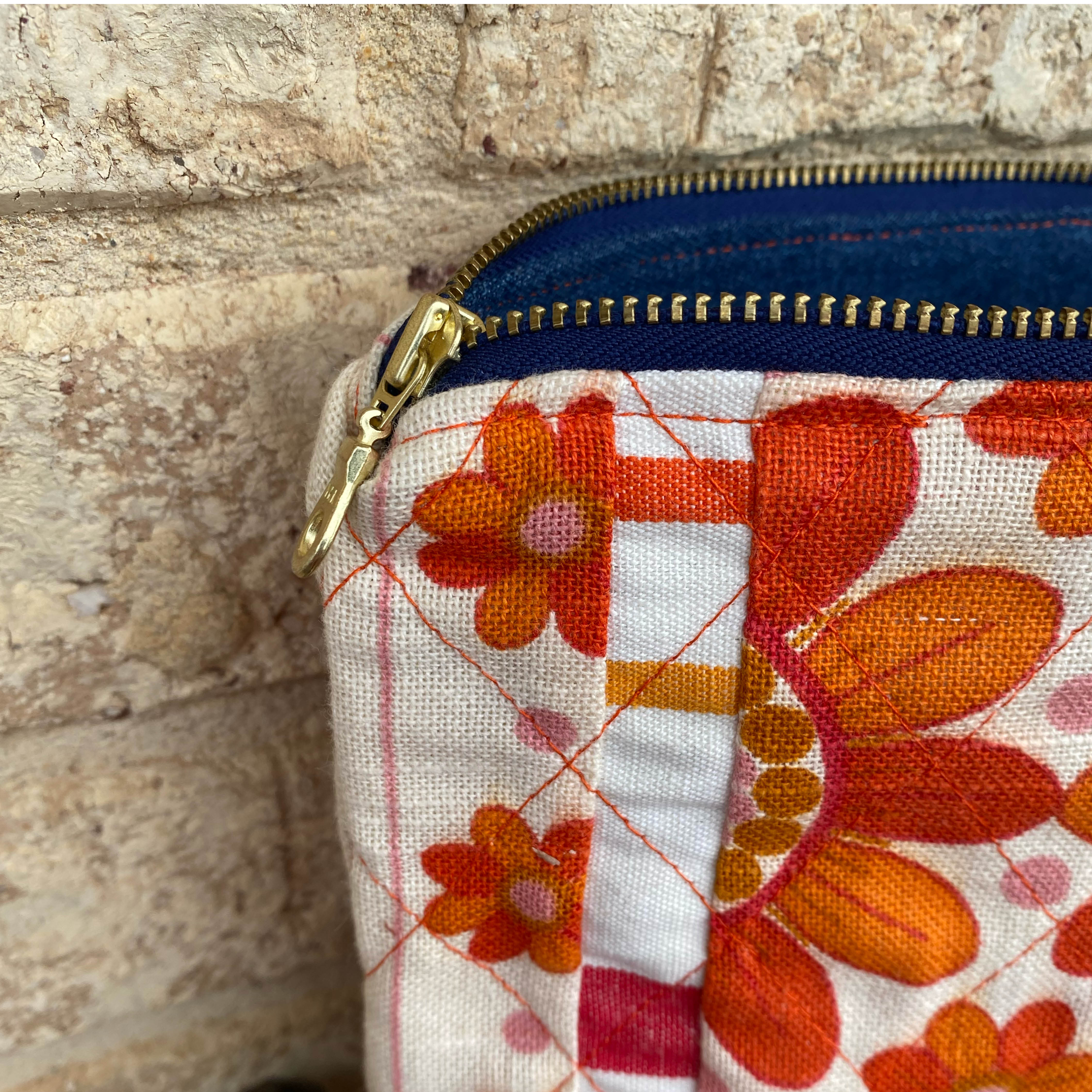 Quilted Tangerine Pouch Cosmetic Everyday Bag Upcycled Vintage Fabrics & Denim