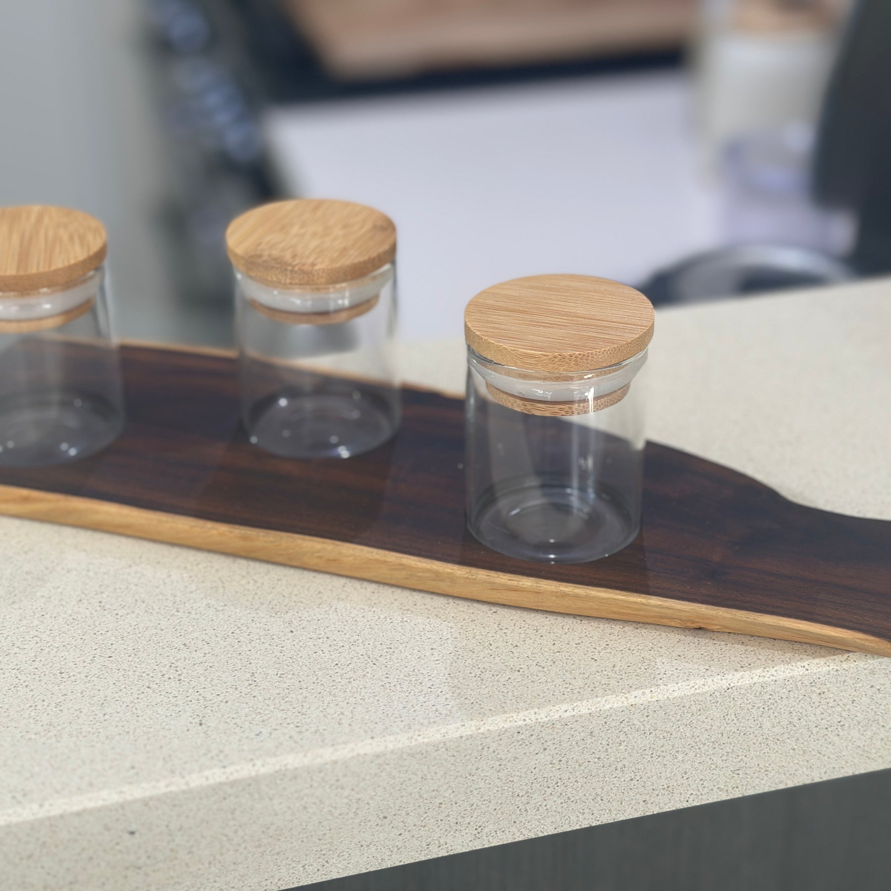 Tray with glass herb storage jars