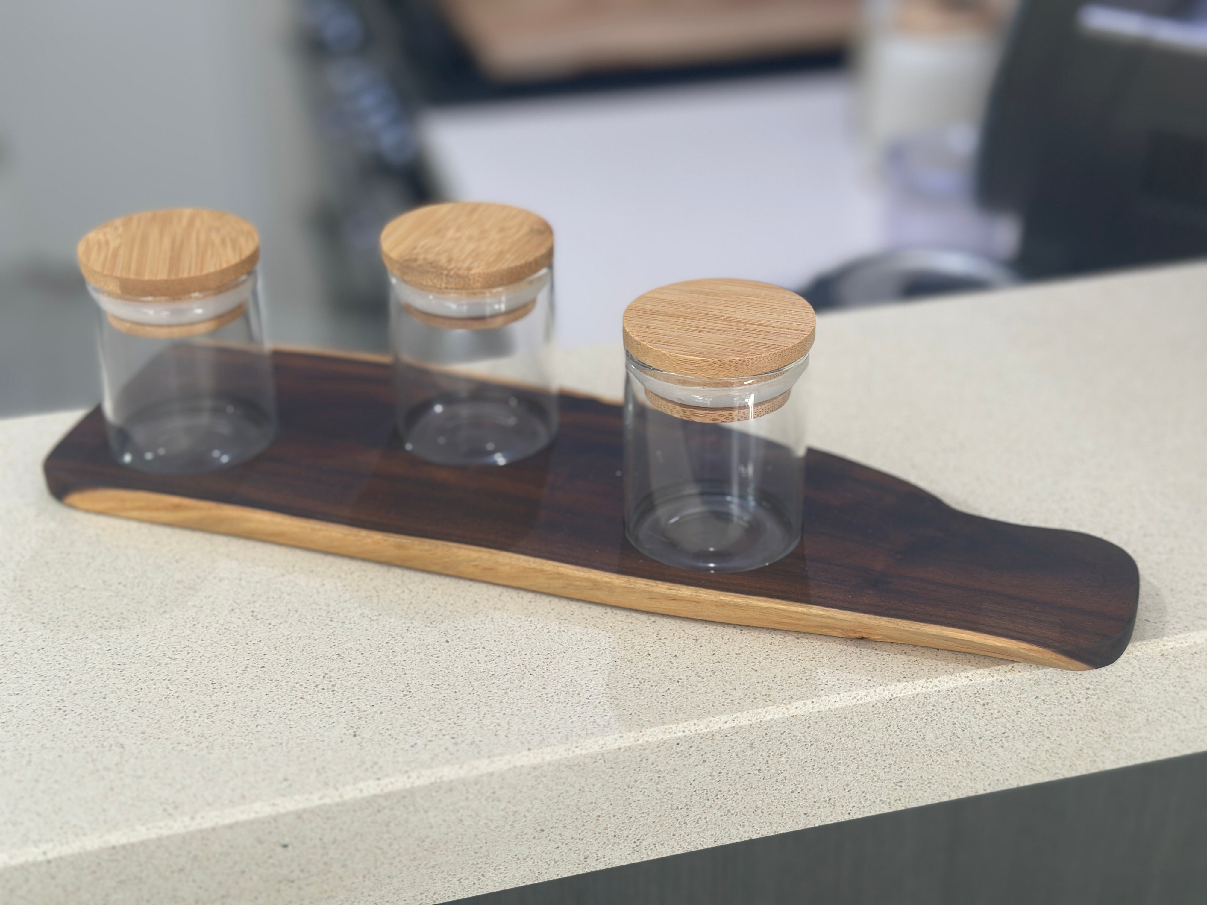 Tray with glass herb storage jars