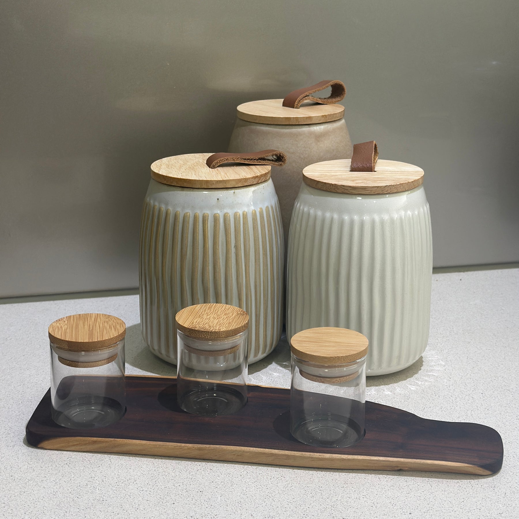 Tray with glass herb storage jars