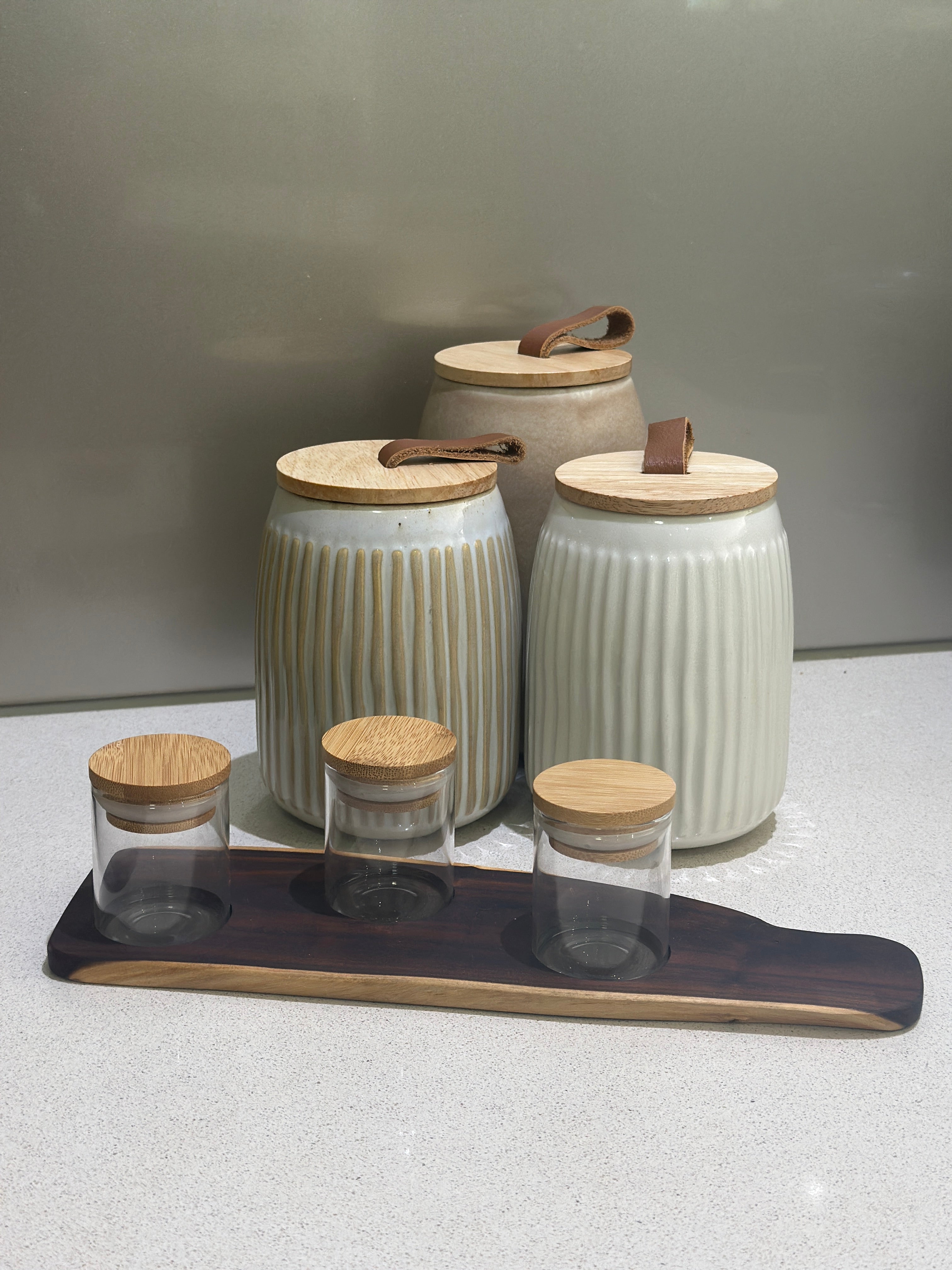 Tray with glass herb storage jars
