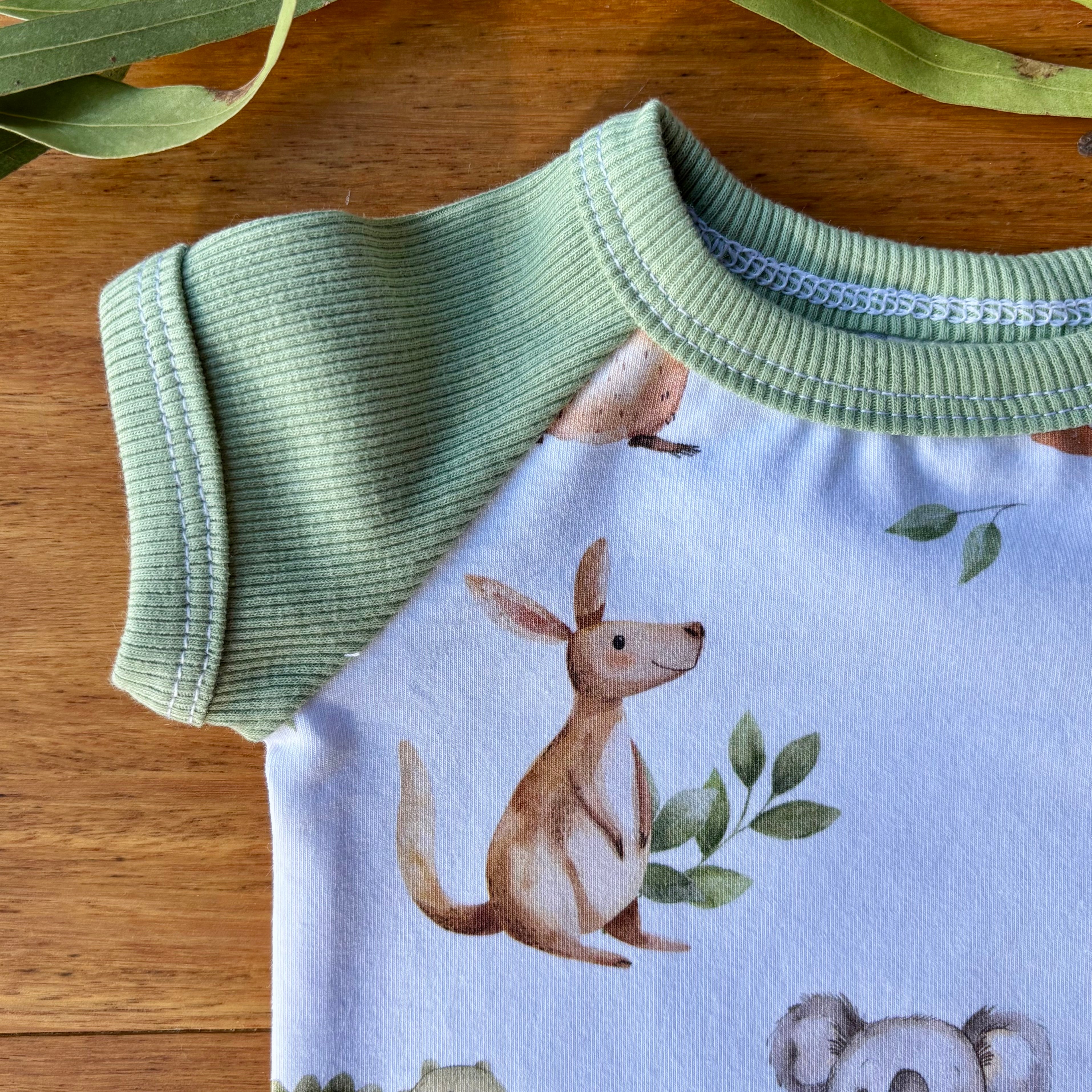 Baby Short Sleeved Bodysuit and Shorties | Green Aussie Animals | Size premmie to 2 | Made to order