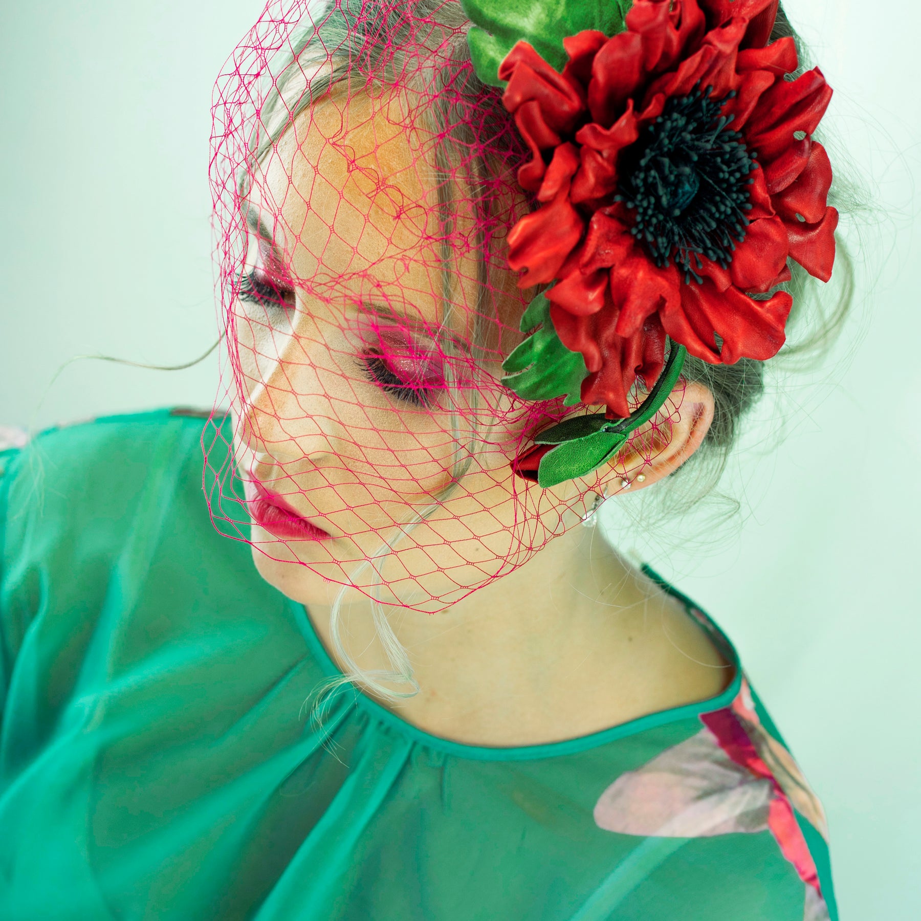 Leather Poppy "Red Ember", Flower Brooch, Pin, Hair Hat Clip