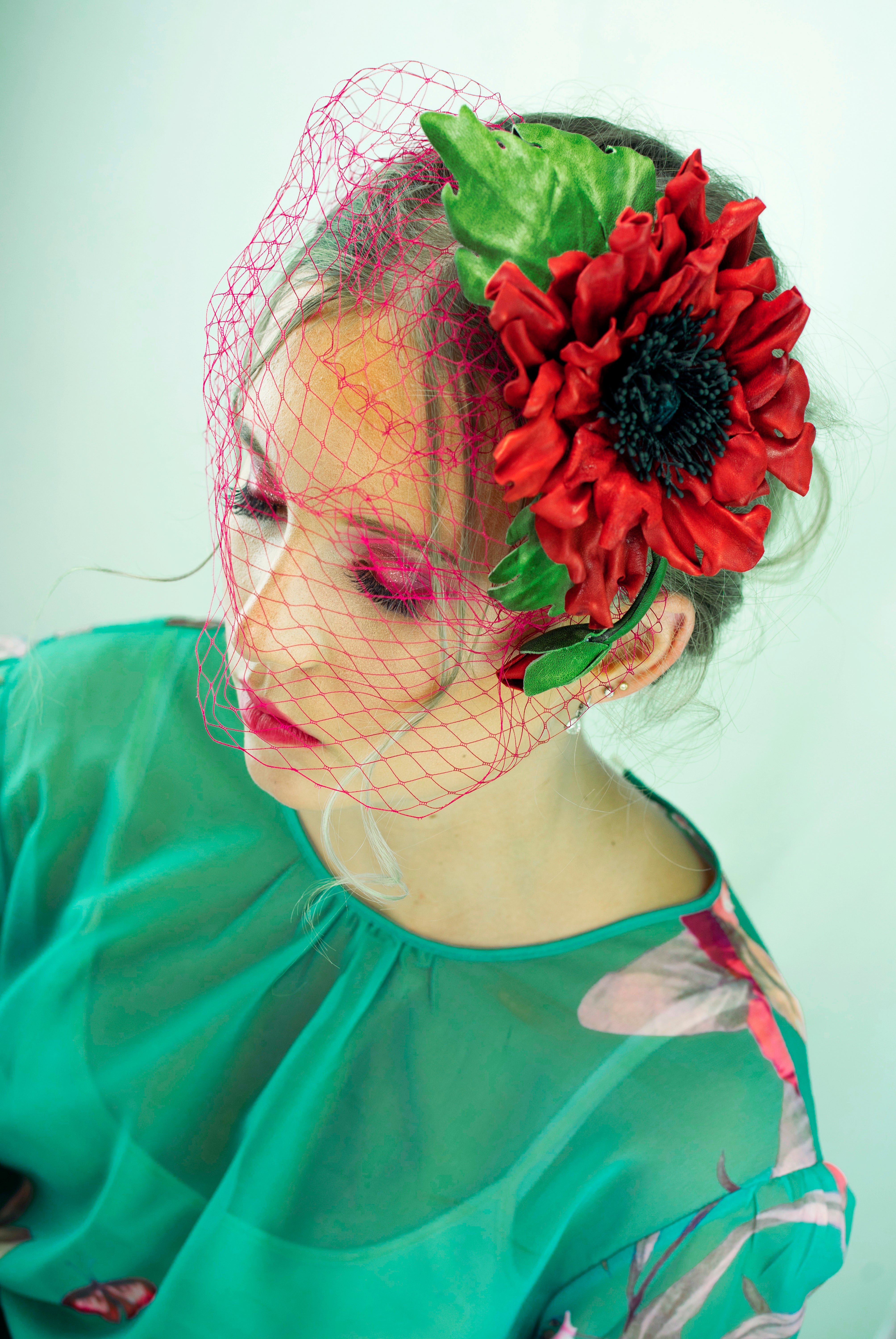 Leather Poppy "Red Ember", Flower Brooch, Pin, Hair Hat Clip