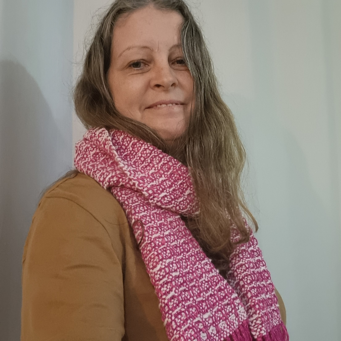 Cozy pink and white waffle-weave scarf