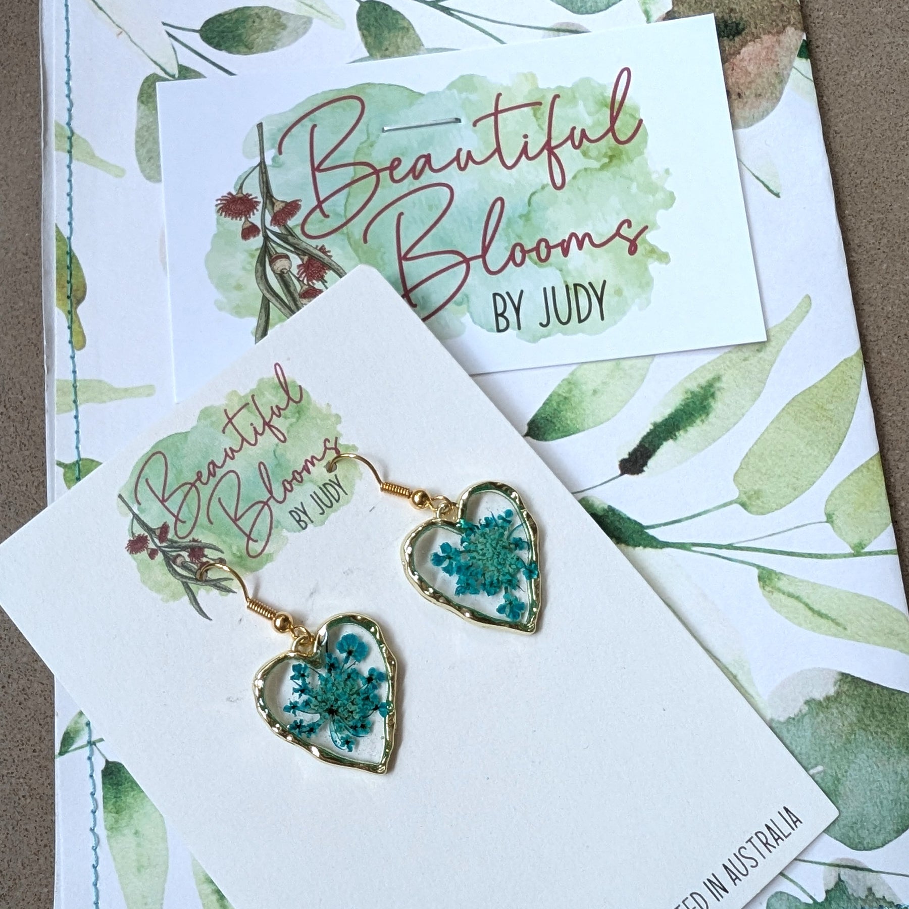 Hand dyed Queen Anne's Lace Resin Heart Earrings