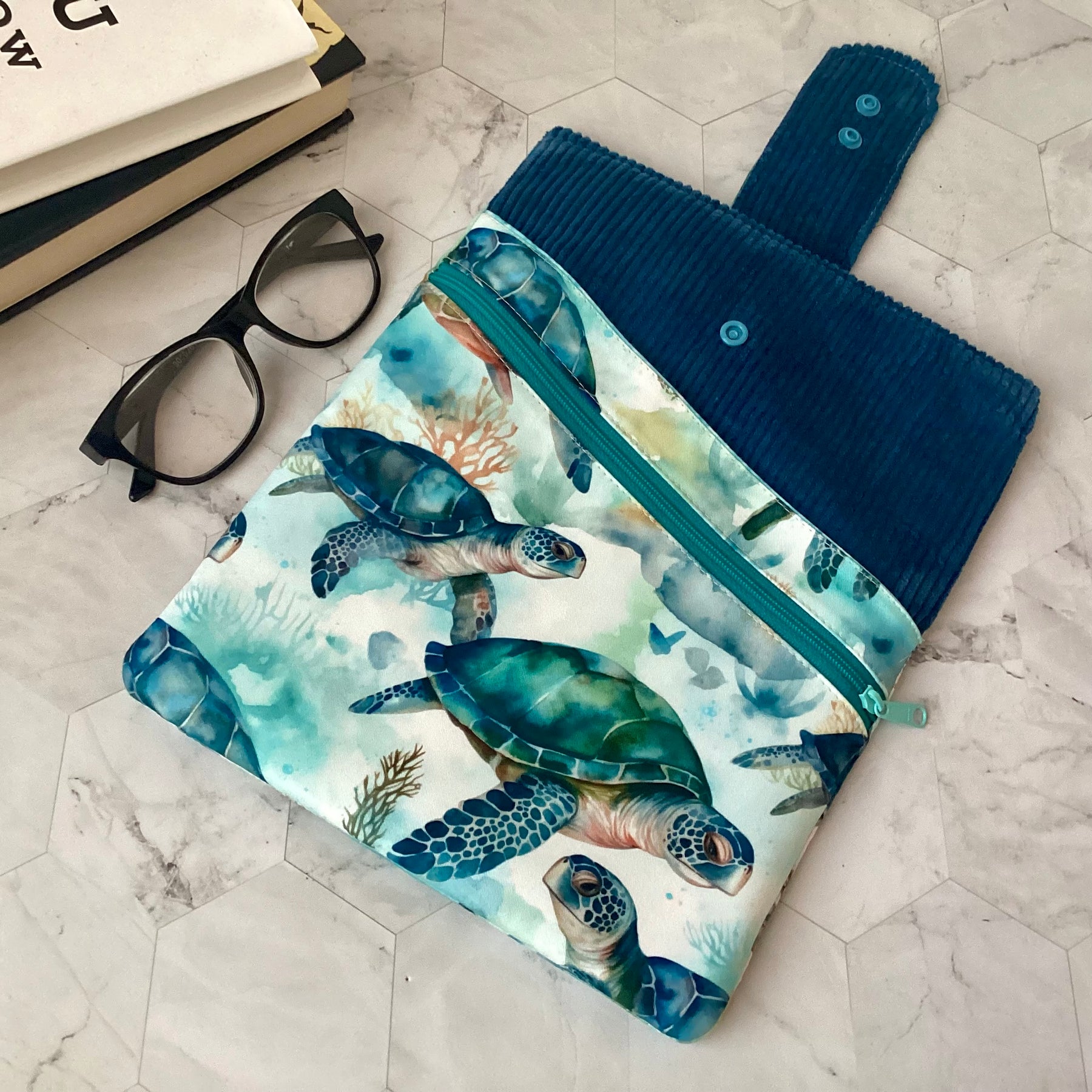 Sea turtle fabric book sleeve with 2 pockets. iPad, tablet pouch