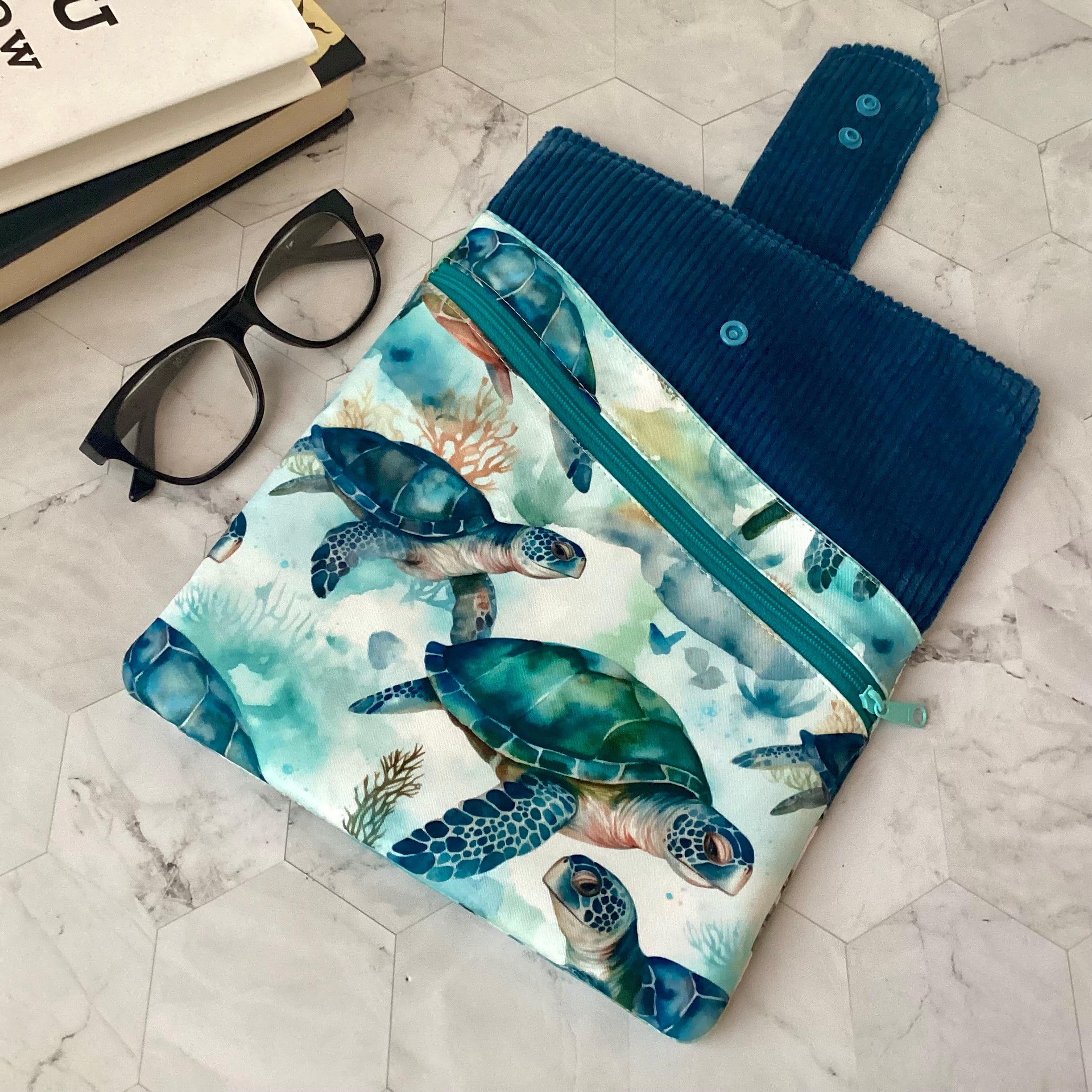 Sea turtle fabric book sleeve with 2 pockets. iPad, tablet pouch