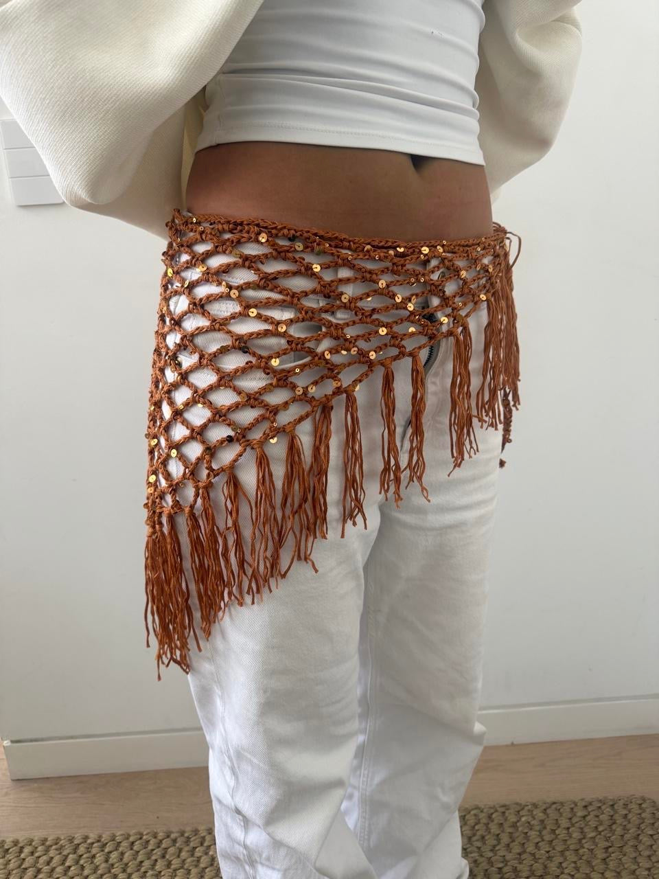 Rust Sequin Crochet Waist Scarf with Fringe
