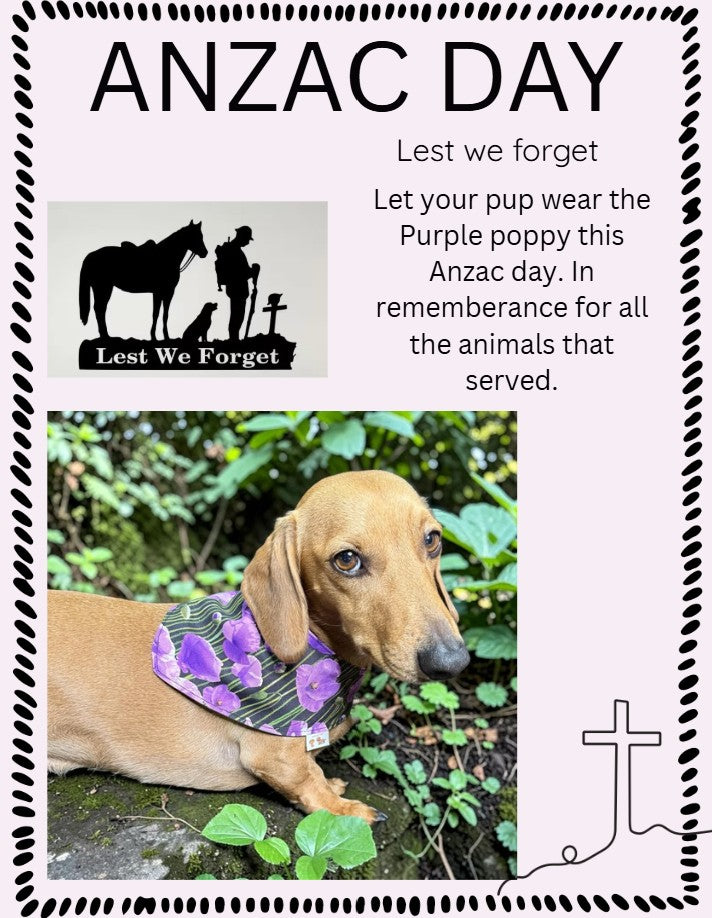 Purple Poppy Pet Bandana for ANZAC Day  Honour. Animals of War, service dog