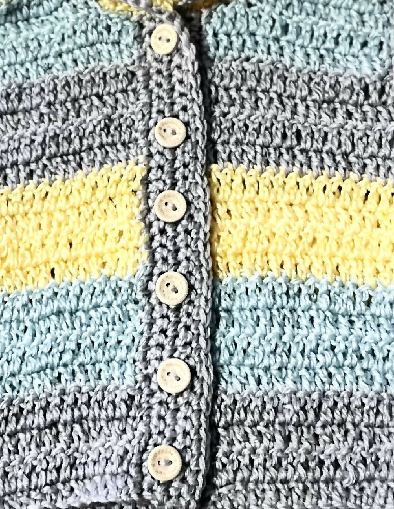 Crochet cardigan pastel yellow, green and grey