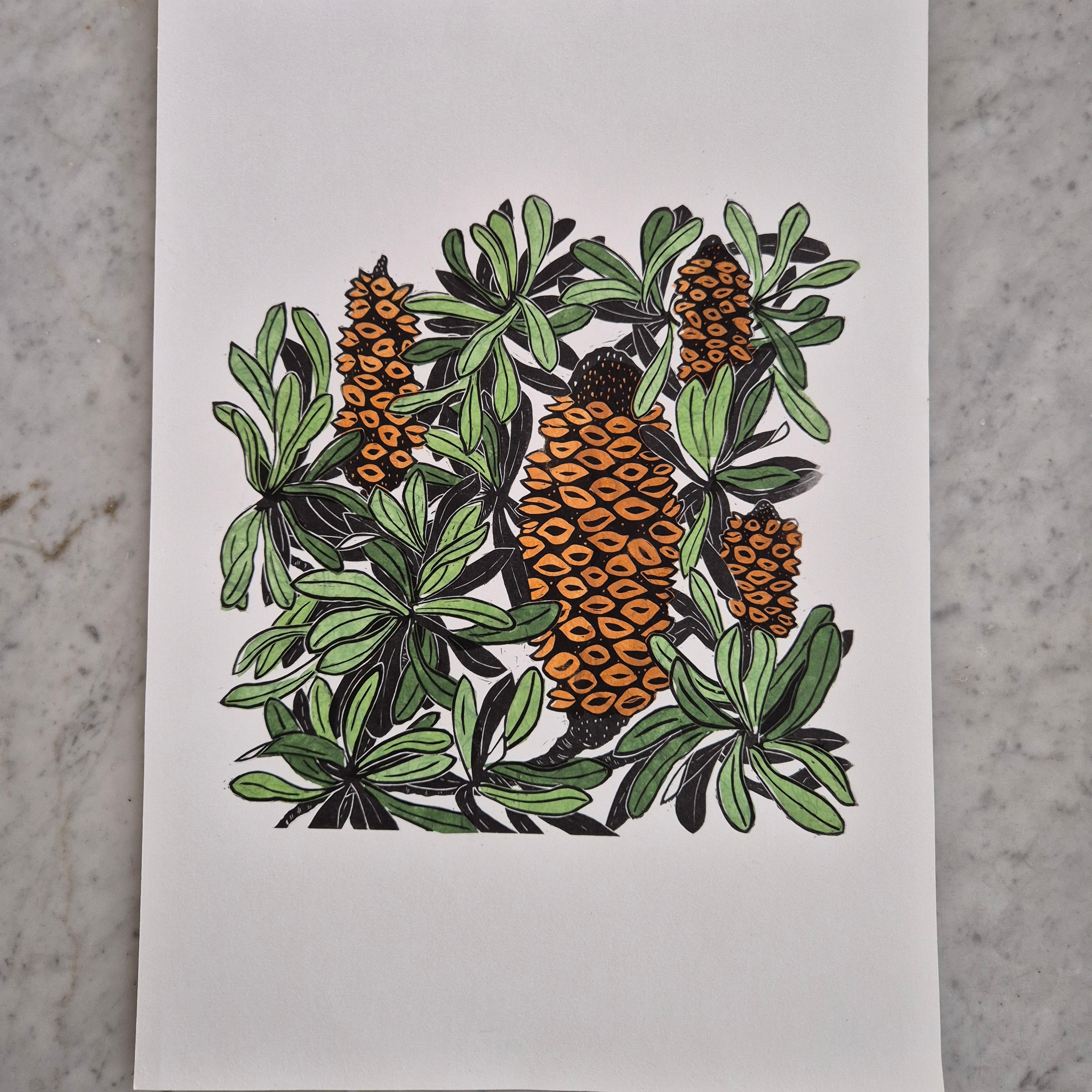 Banksia linocut art original chine colle