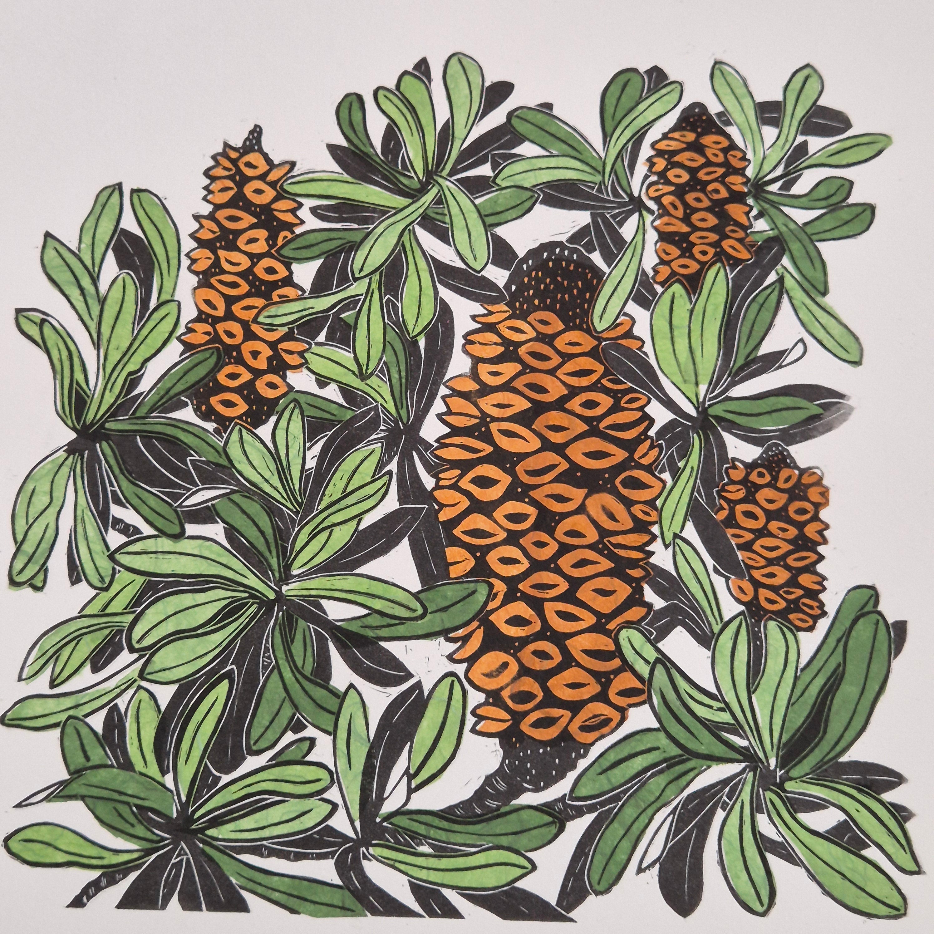 Banksia linocut art original chine colle