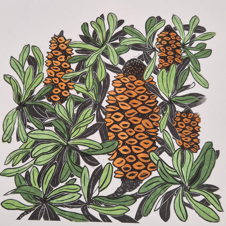 Banksia linocut art original chine colle