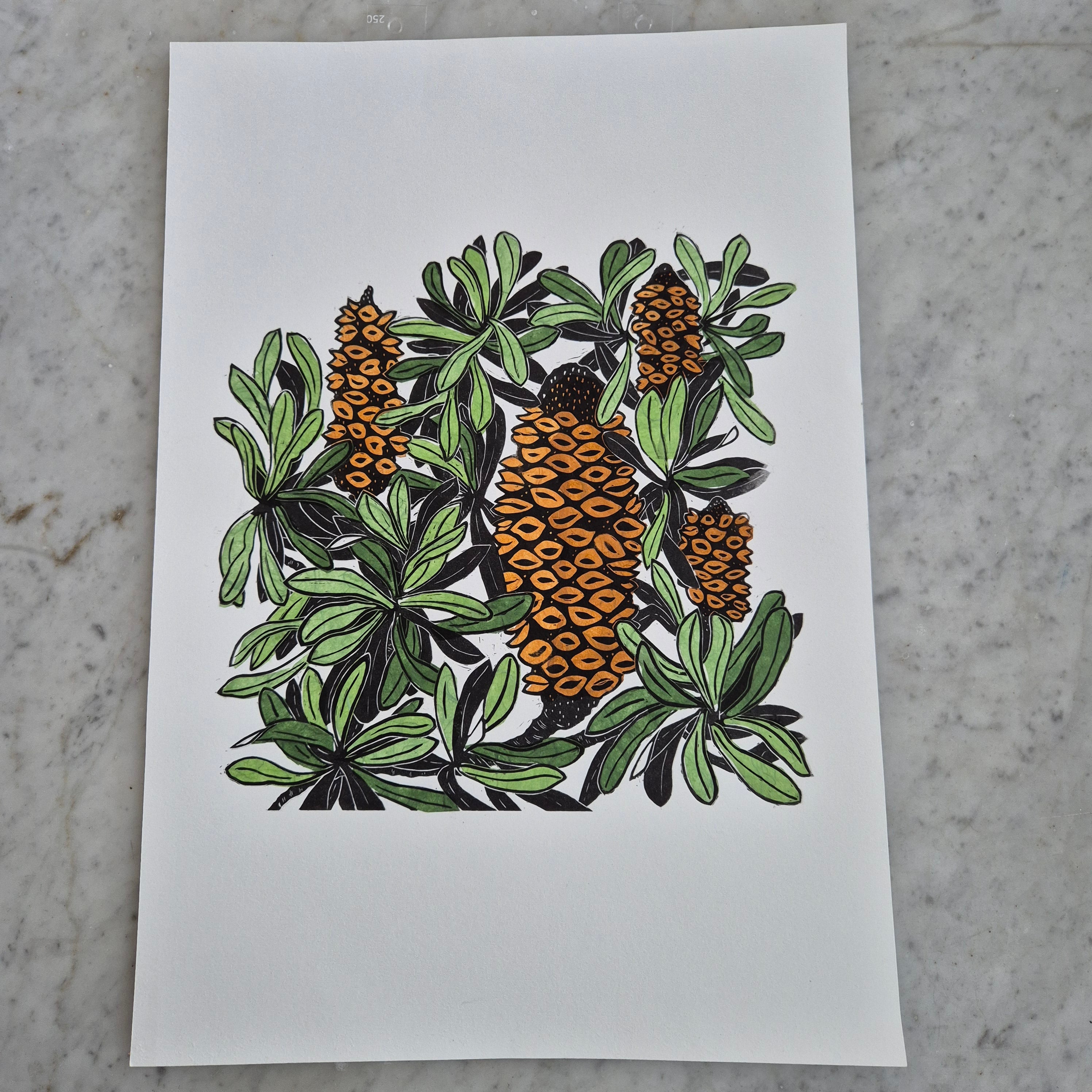 Banksia linocut art original chine colle