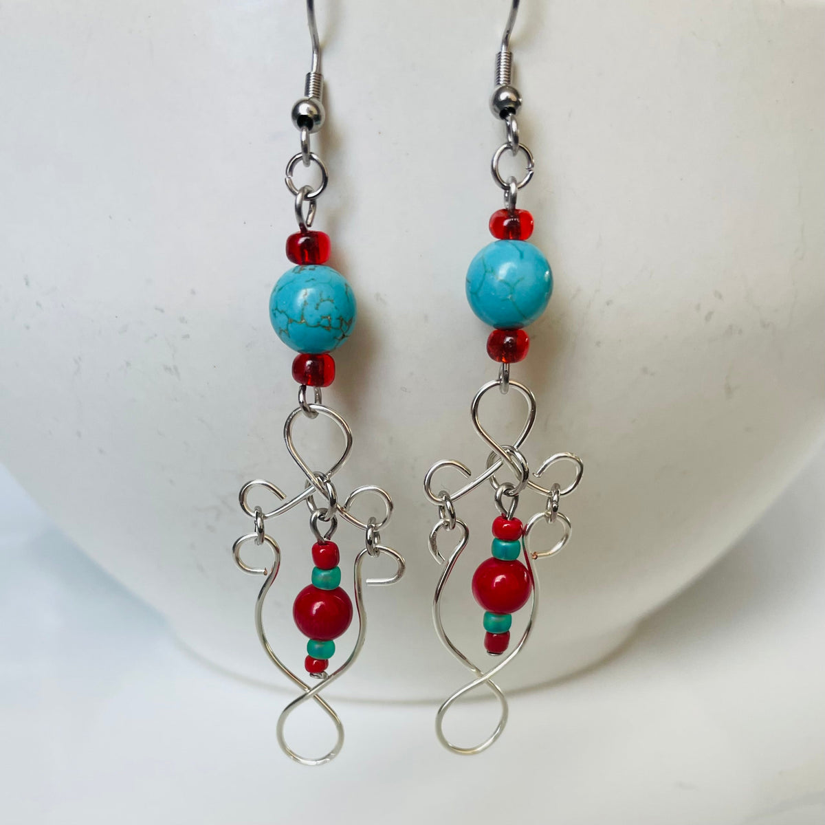 Vibrant Red and Blue Gemstone Dangling Wired Earrings