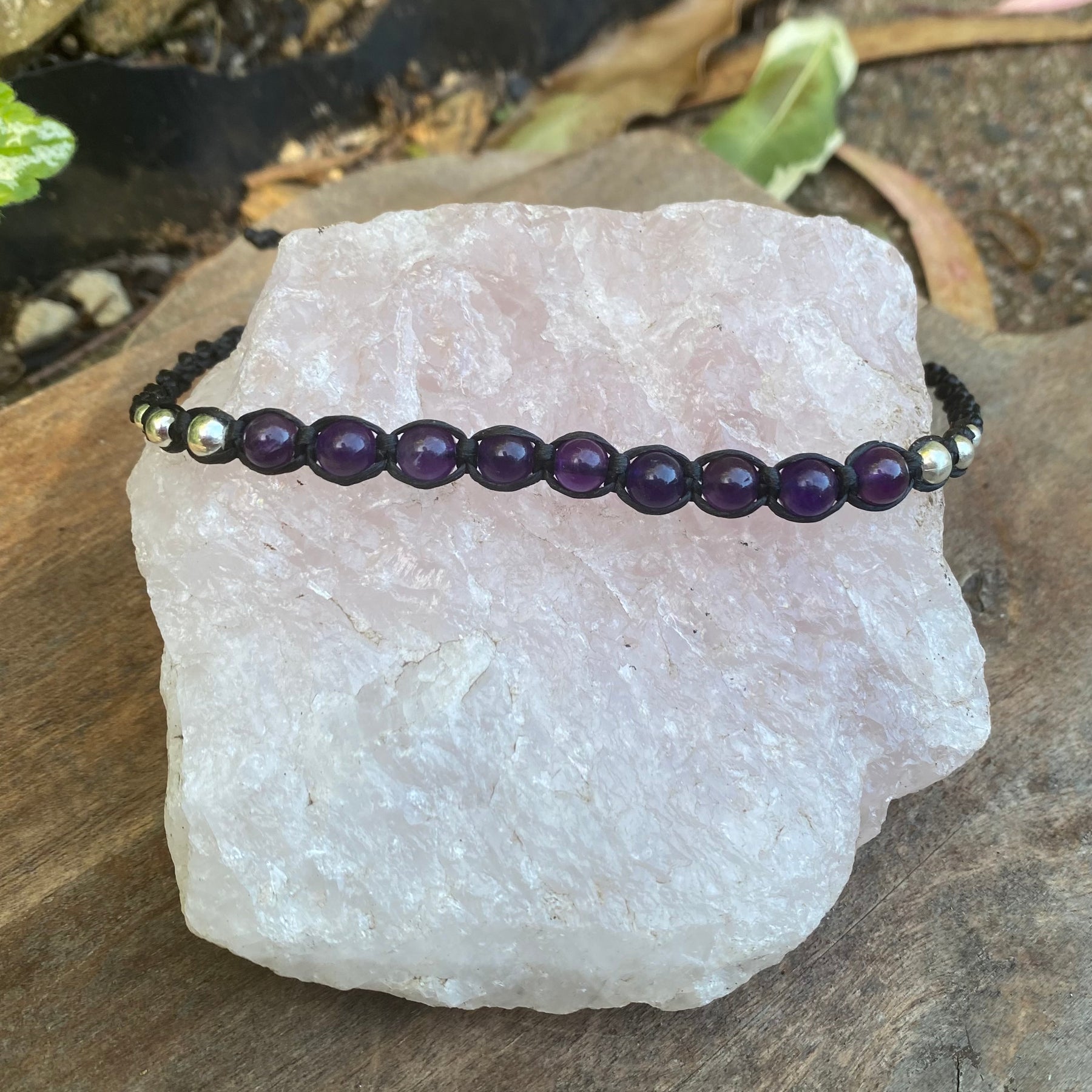 Amethyst Beaded Anklet: Macrame Adjustable Waterproof