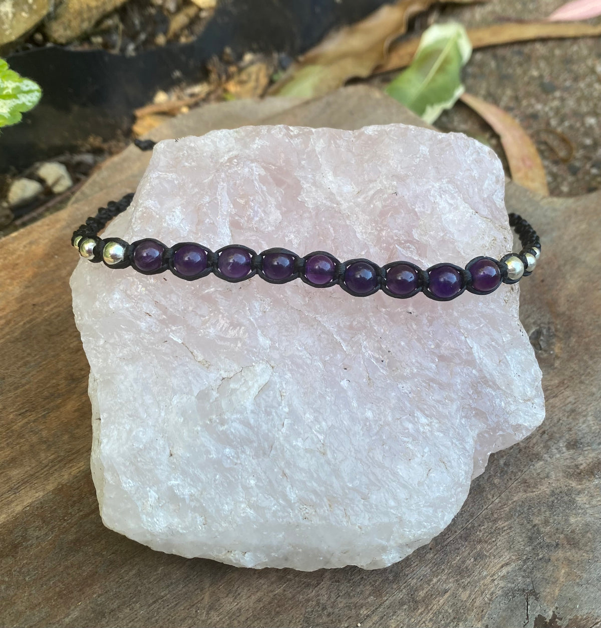 Amethyst Beaded Anklet: Macrame Adjustable Waterproof