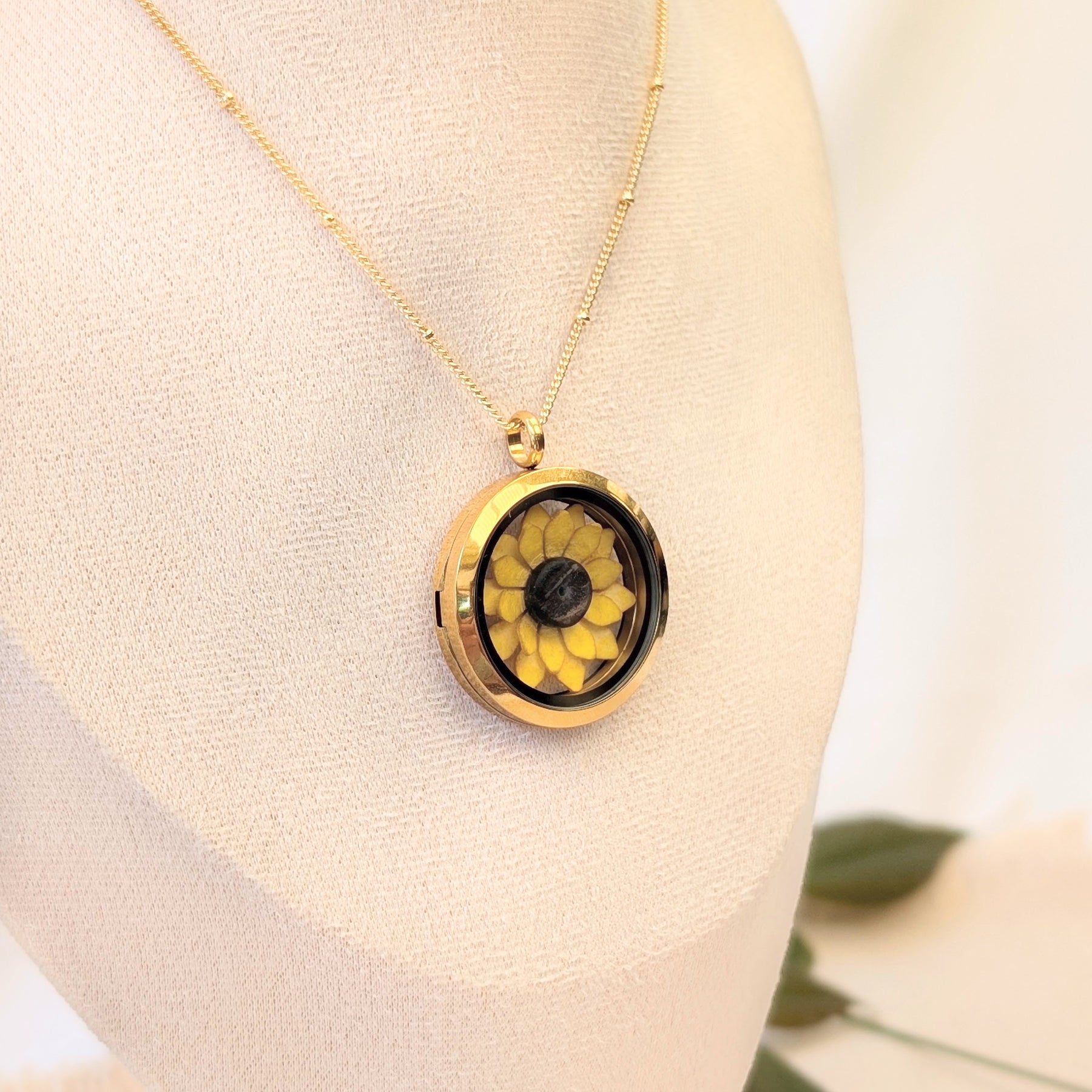 Sunflower Necklace | Handmade Paper Flower Floating Locket | Gold-Plated Chain