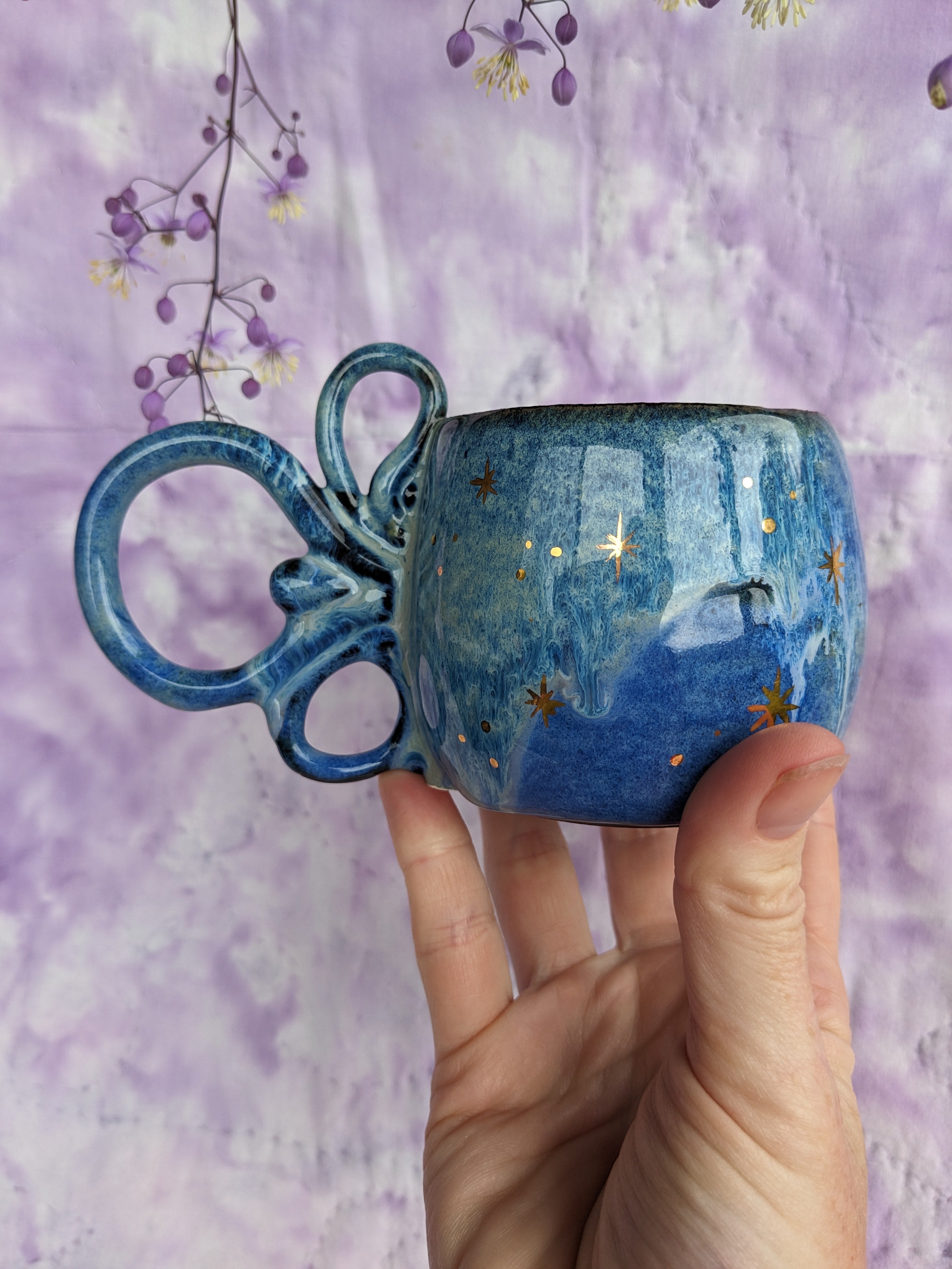 Blue, galaxy, ceramic, handled mug.