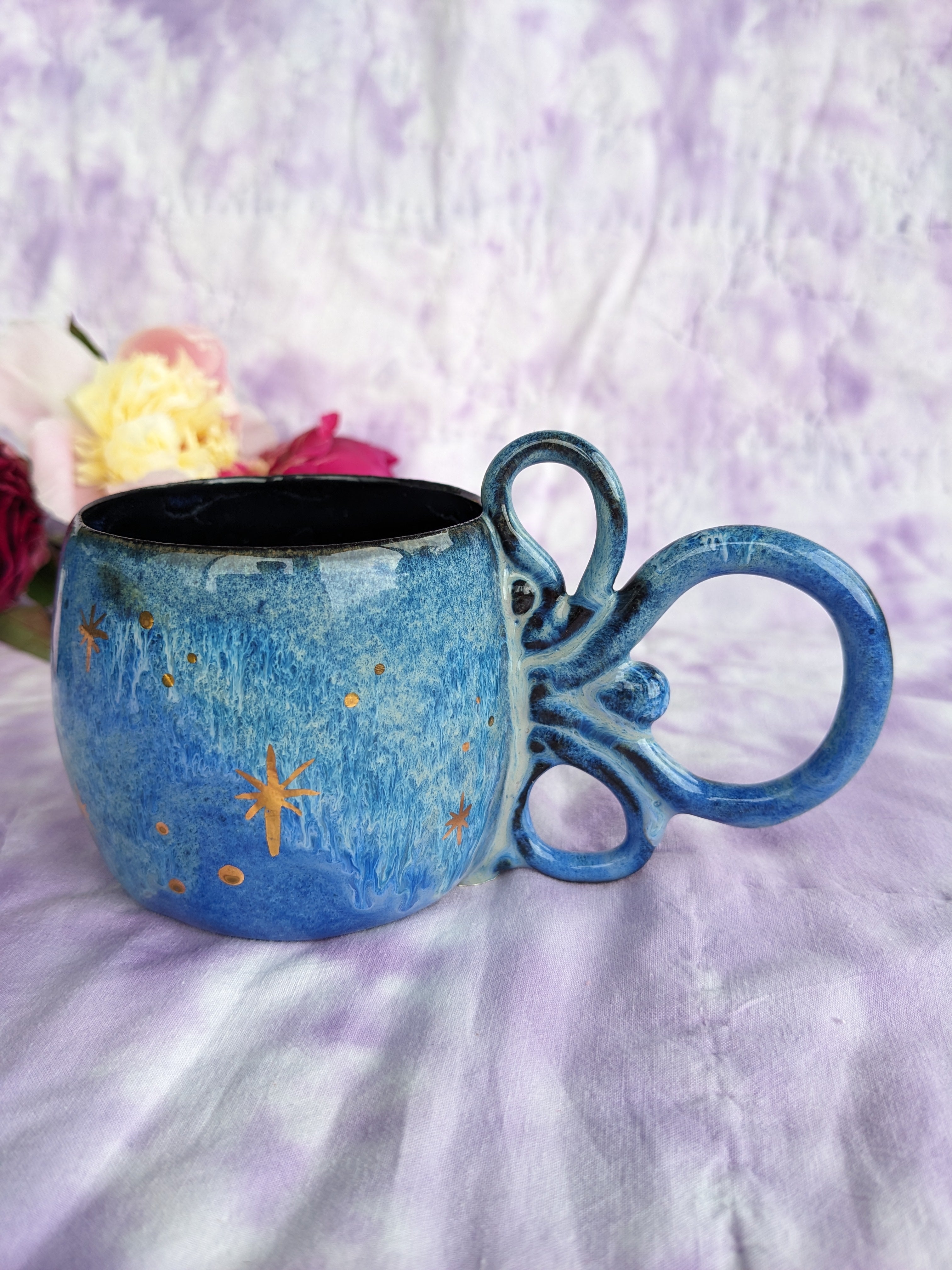 Blue, galaxy, ceramic, handled mug.