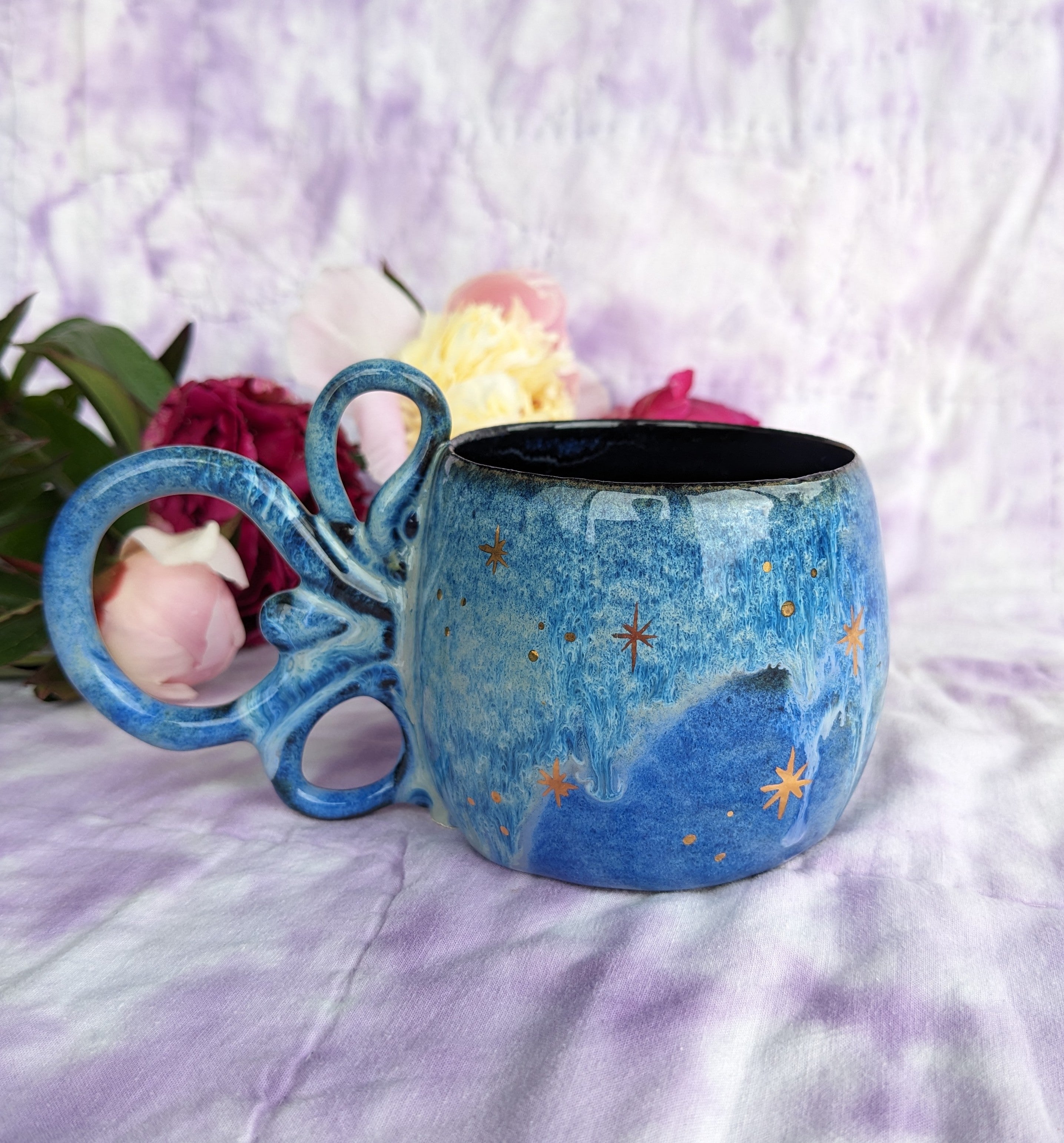 Blue, galaxy, ceramic, handled mug.