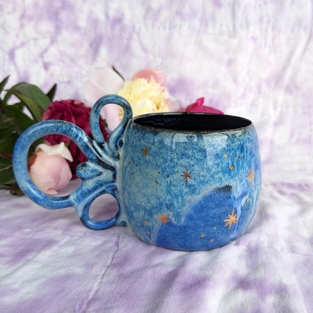 Blue, galaxy, ceramic, handled mug.