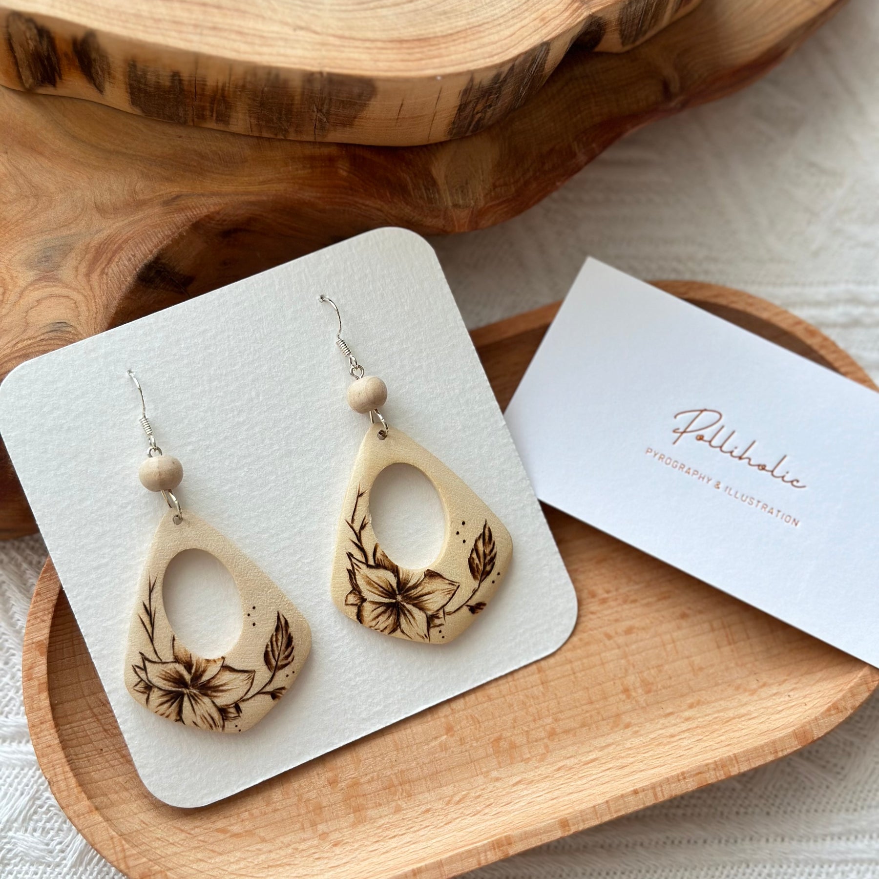 Flower Wood Earrings - Hand burnt Pyrography | Handmade Stunning Wooden Earrings HandBurnt
