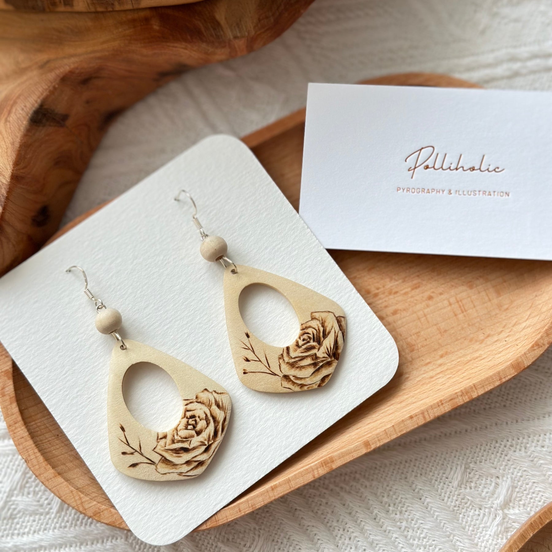 Flower Wood Earrings - Hand burnt Pyrography | Handmade Stunning Wooden Earrings HandBurnt