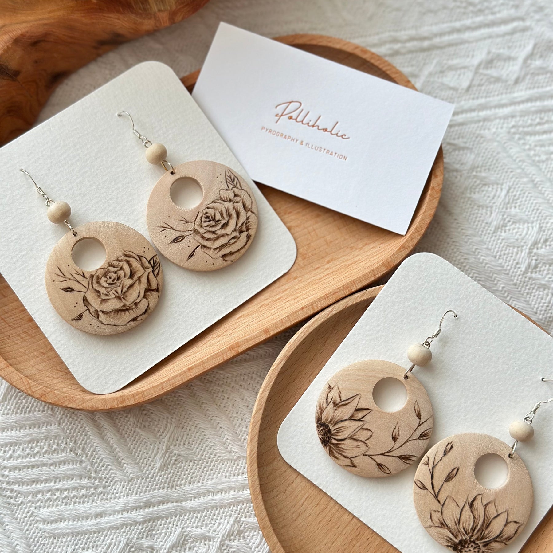 Flower Wood Earrings - Hand burnt Pyrography | Handmade Stunning Wooden Earrings HandBurnt