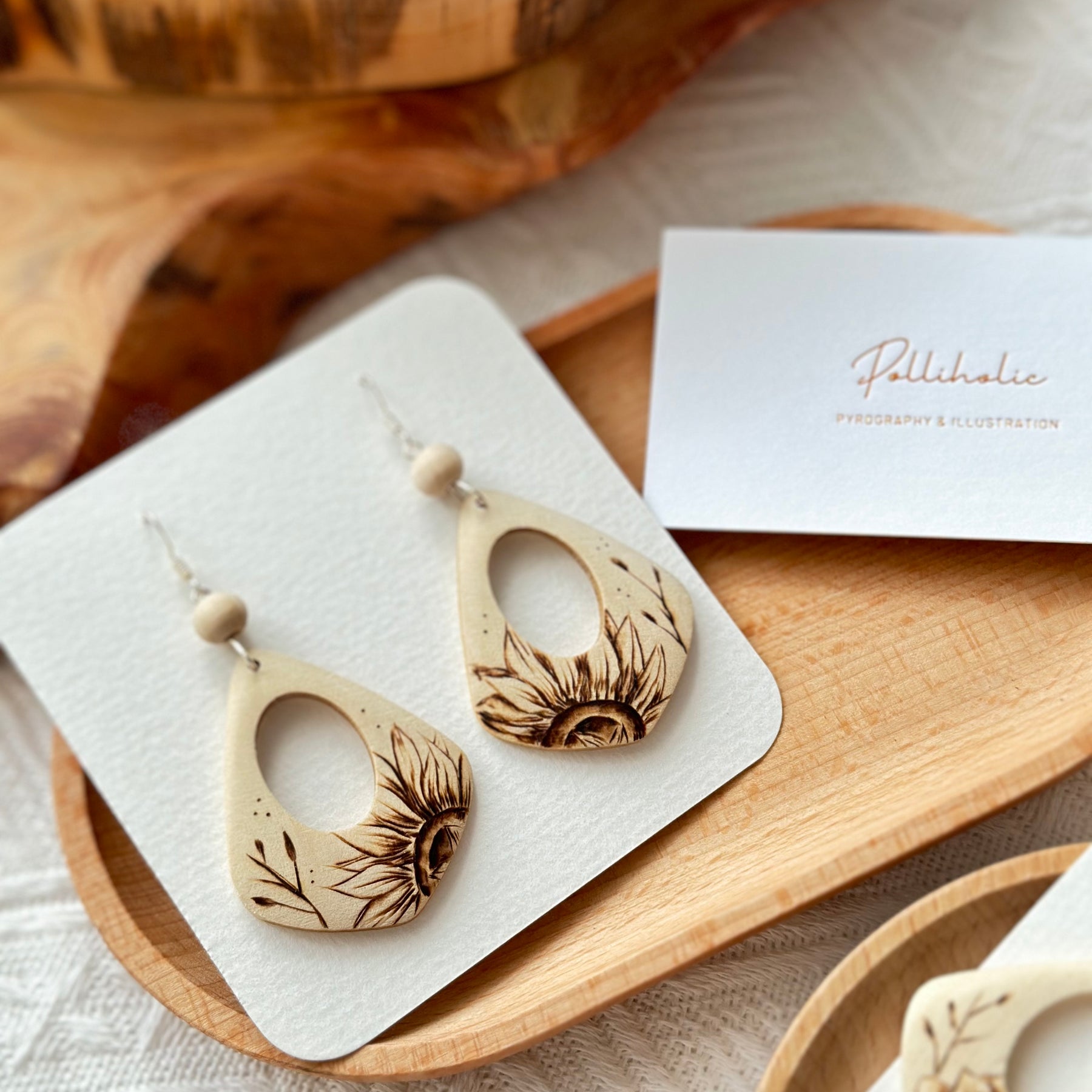 Flower Wood Earrings - Hand burnt Pyrography | Handmade Stunning Wooden Earrings HandBurnt