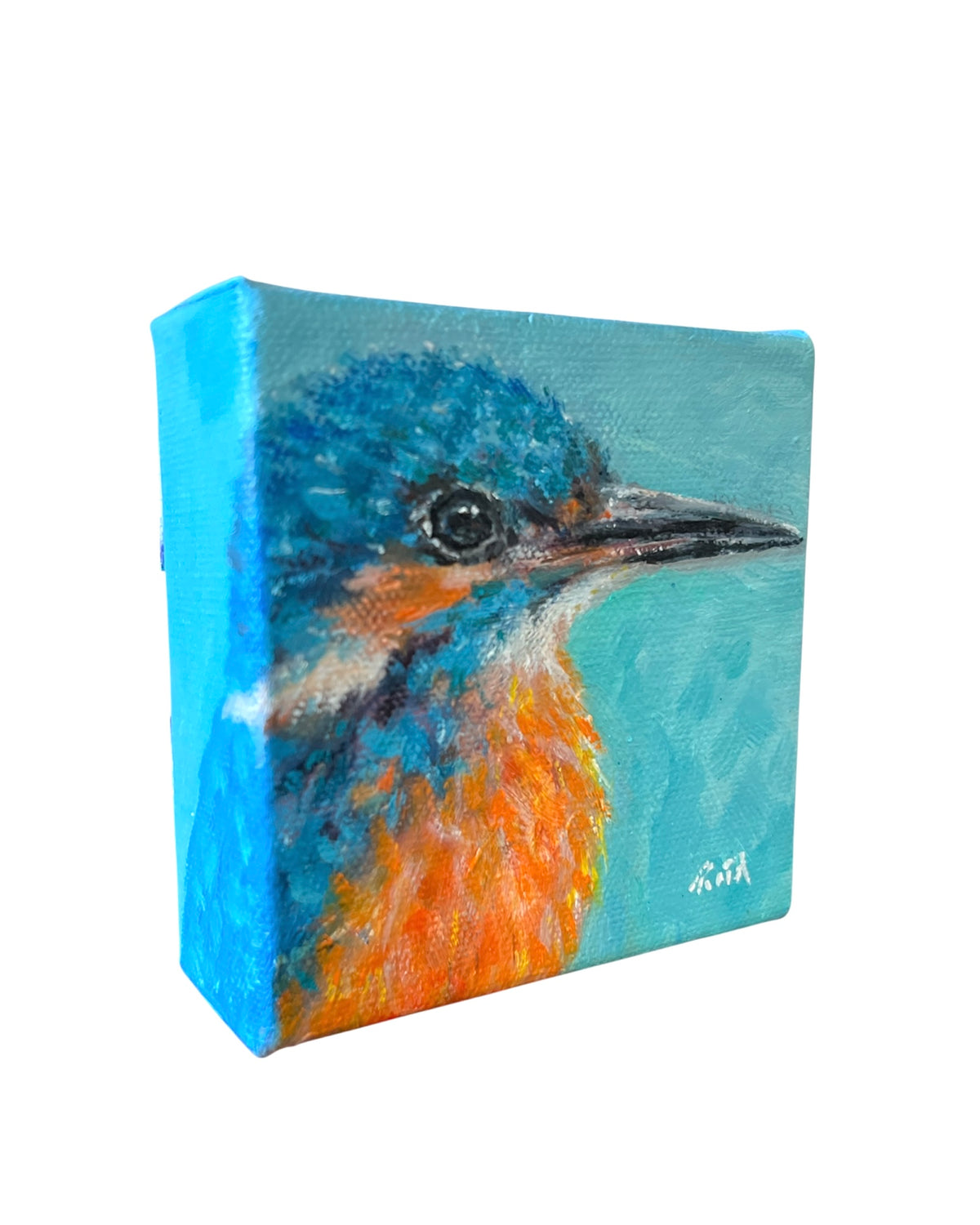 Original Kingfisher Oil Painting - 4x4" Small Bird Art