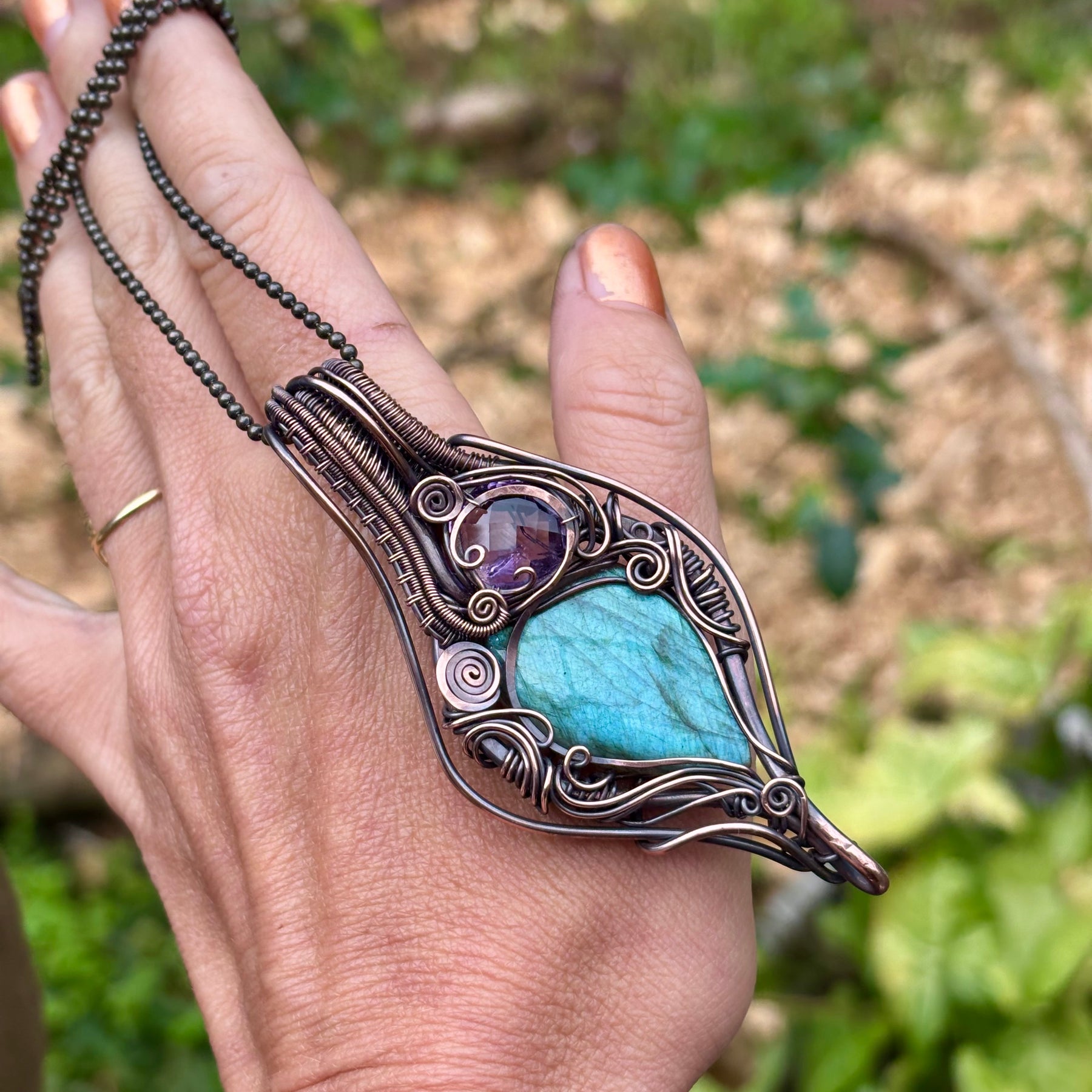 Labradorite, Amethyst copper wire wrap