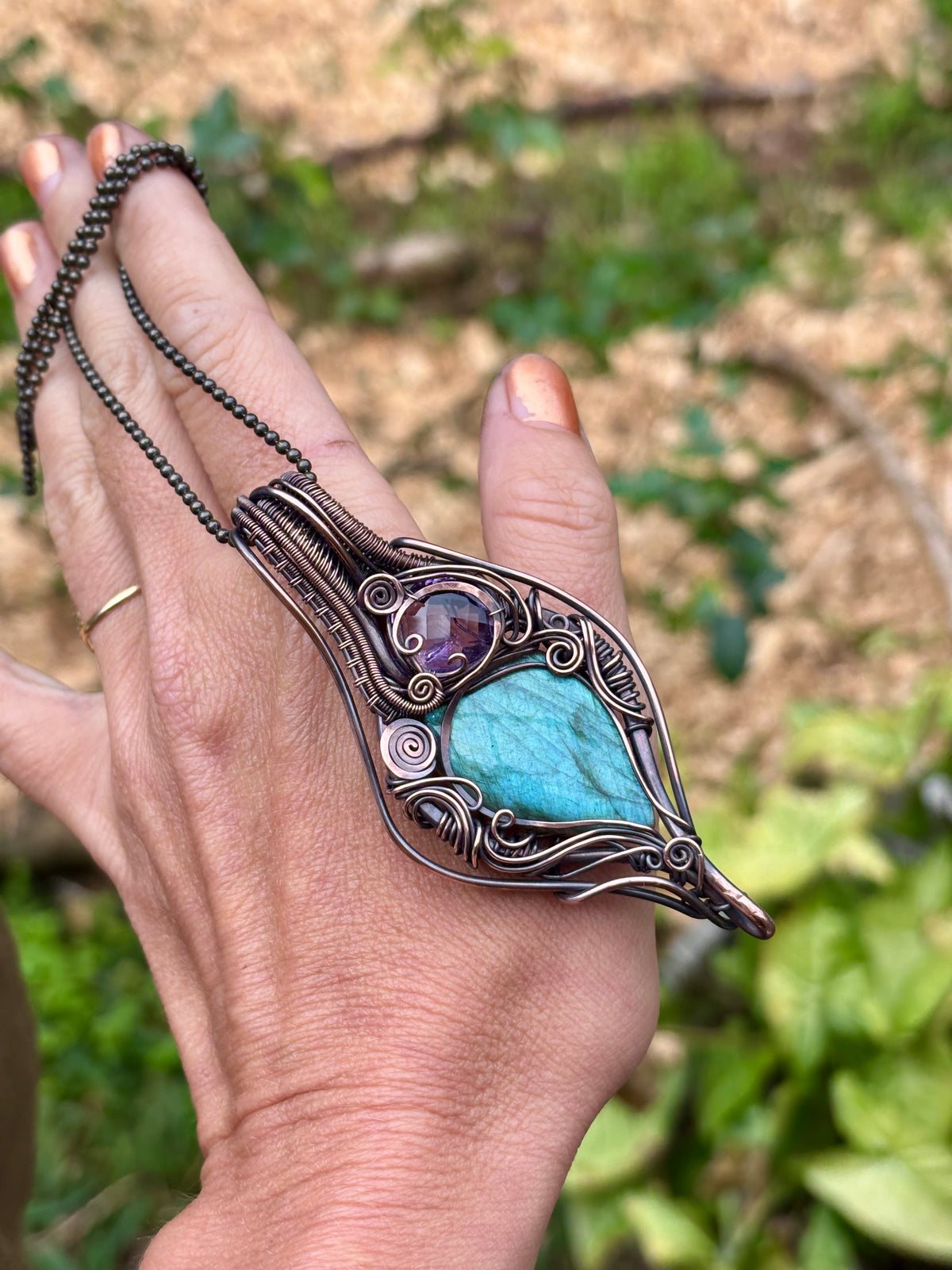 Labradorite, Amethyst copper wire wrap