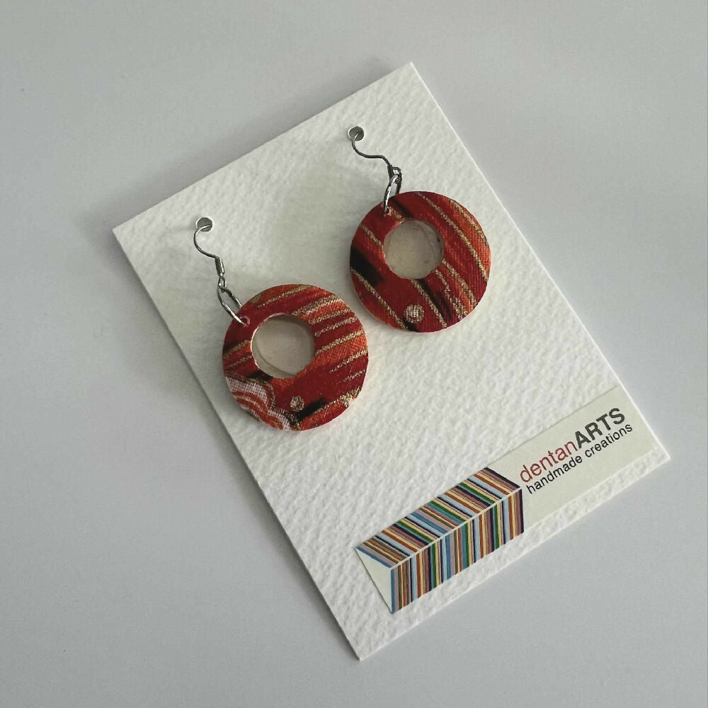 Hikari Woodglass Jewelry Series : Japanese Fabric Wooden Earrings with Sea Glass (Small for Elegance)