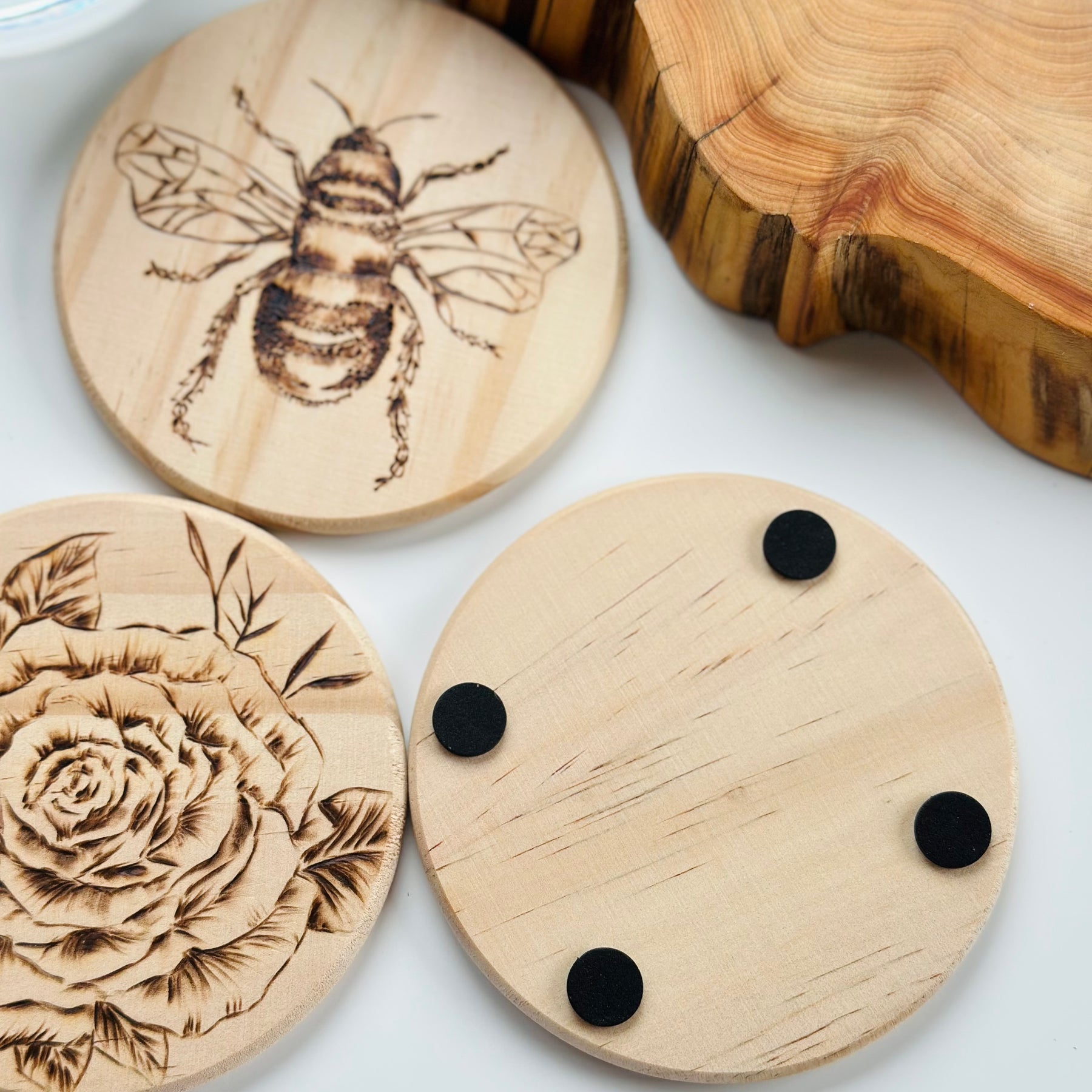 Pyrography Wood Coaster Honey Bee and Flower | Hand Burnt Stunning Coasters