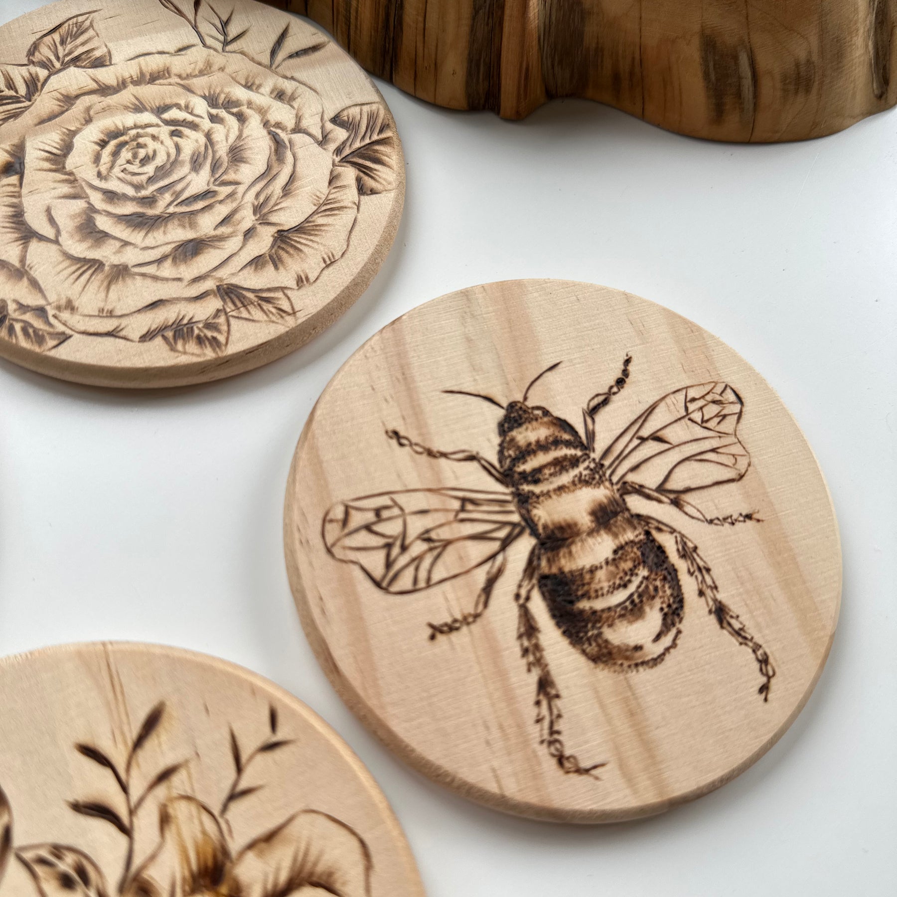 Pyrography Wood Coaster Honey Bee and Flower | Hand Burnt Stunning Coasters