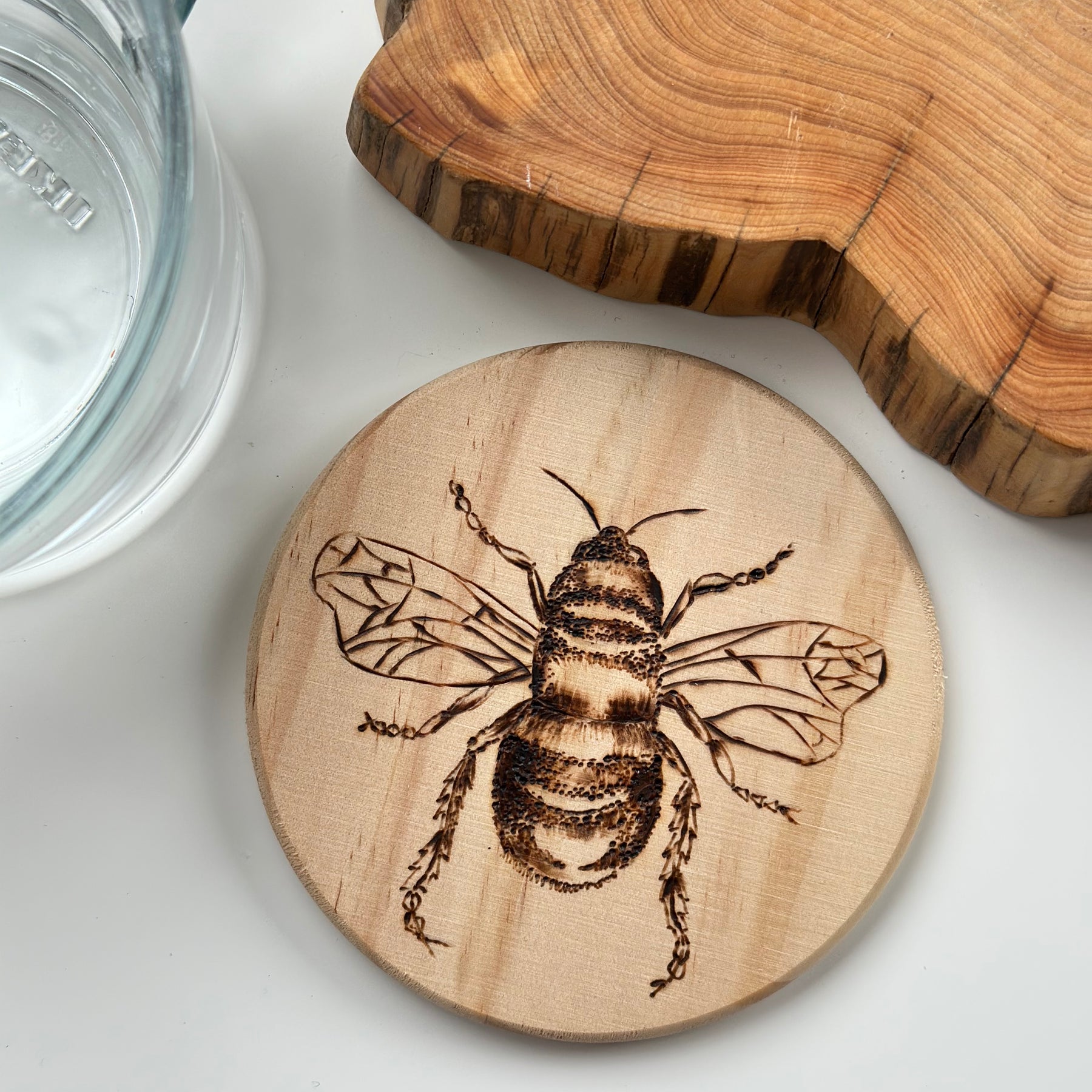 Pyrography Wood Coaster Honey Bee and Flower | Hand Burnt Stunning Coasters